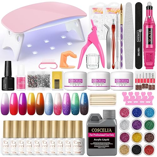 Miniatura 1 de Kit de polvo acrílico con juego de esmalte de uñas de gel que cambia de color, polvos acrílicos y monómero líquido con purpurina, kit de arte de