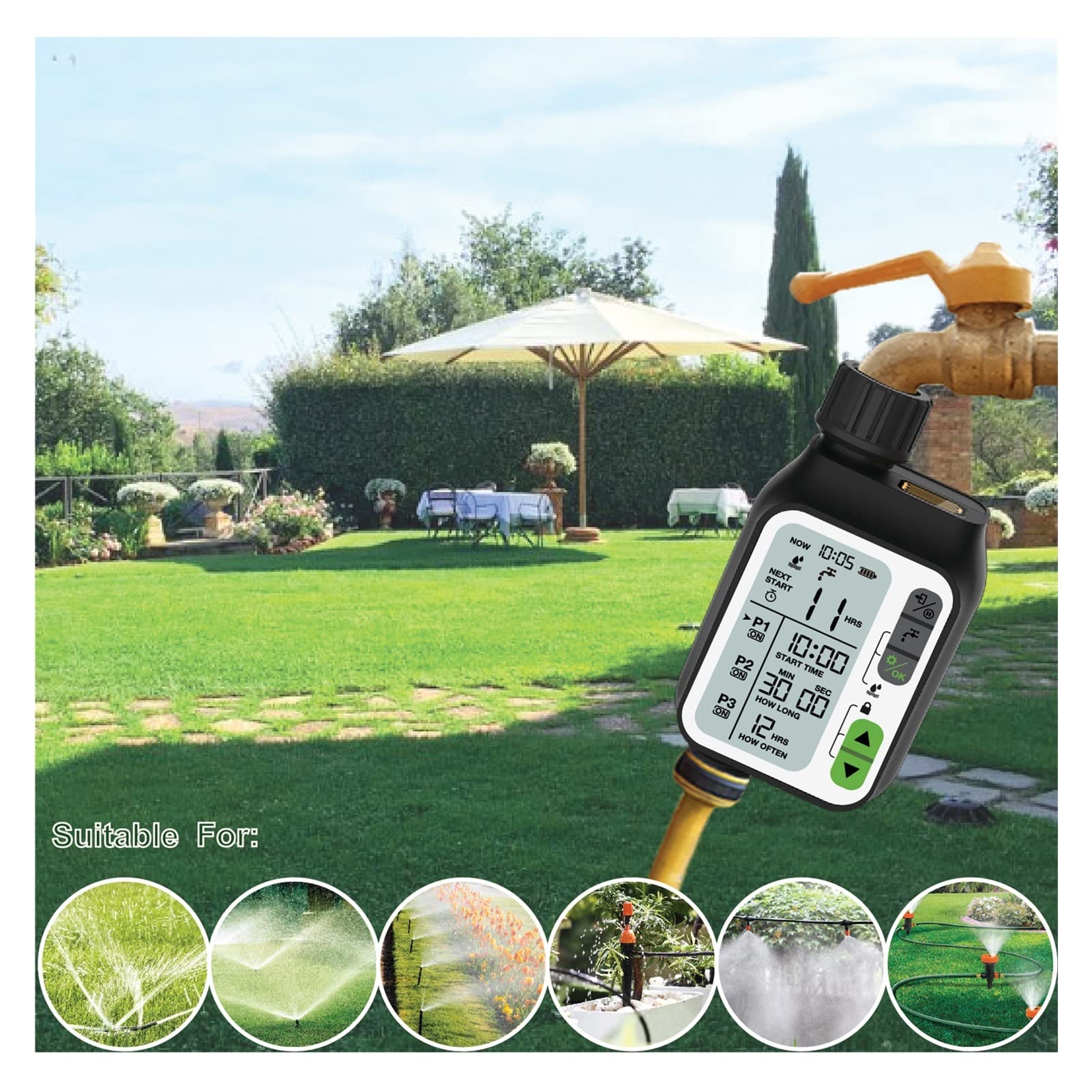 Valvola dell'acqua intelligente Spegnimento timer dell'acqua per irrigazione digitale Accessori per gocciolamento da giardino Set di programmi per timer per irrigazione Sensore pioggia intelligente