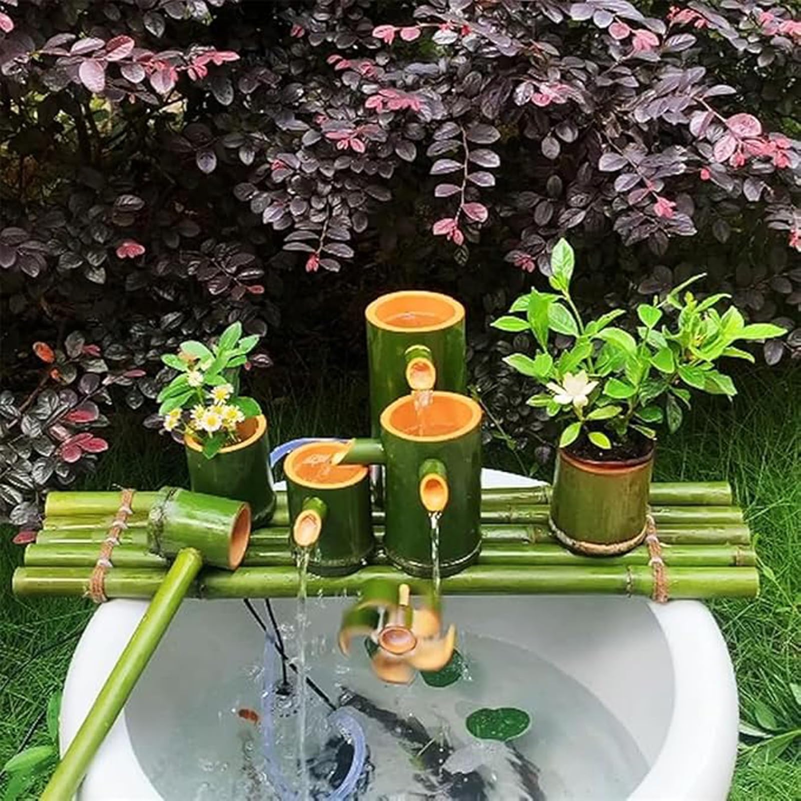 Kit de Fontaine en Bambou Faite Main, Fontaine Zen avec Roue à Eau, décoration d'eau en Circuit fermé pour Bassin de Jardin, terrasse, Cour, Vasque paysagère, 79 cm x 79 cm