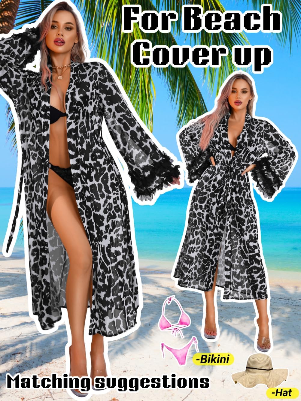 Women's Sexy Leopard Long Robe, Tiered Ruffle Sheer Mesh Kimono Dressing Gown Boudoir Shoot - Image 5