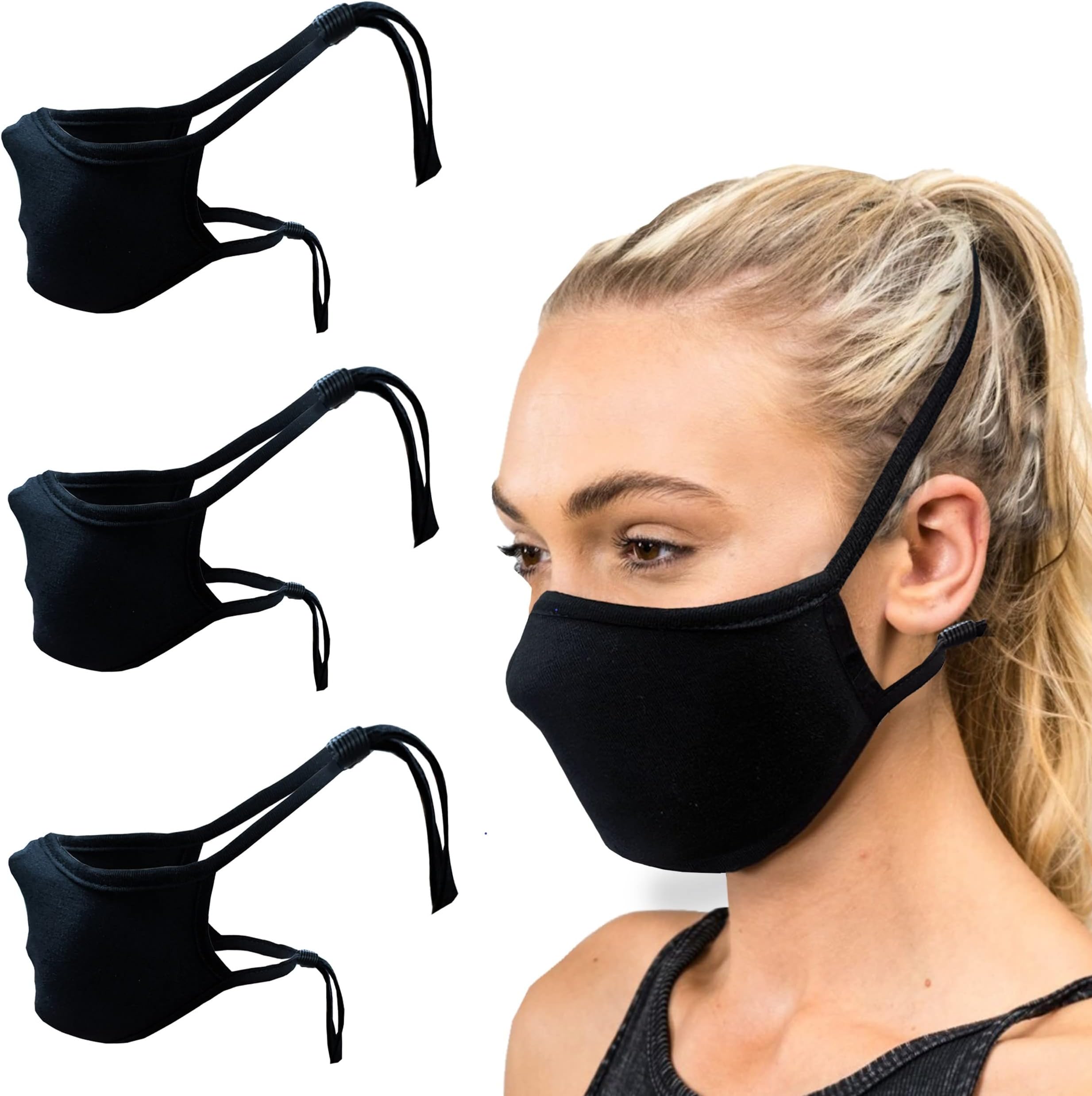 Adult Cloth Face Mask with Head Strap and Filter Pocket (Pack of 3), Multi Size Reusable Cotton Face Cover (Black, Adult S/M)