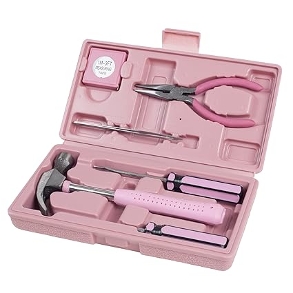Household Hand Tools, Pink Tool Set - 9 Piece by Stalwart, Set Includes Hammer, Screwdriver Set, Pliers (Tool Kit for The Home, Office, or Car)