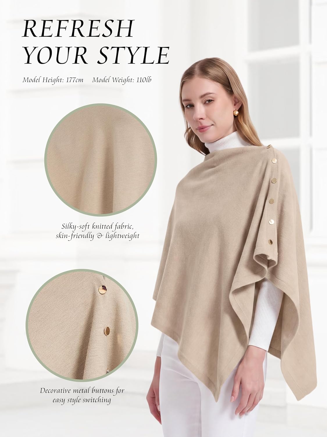 Wool Blend Poncho Wrap – Lightweight Buttoned Shawl for Women