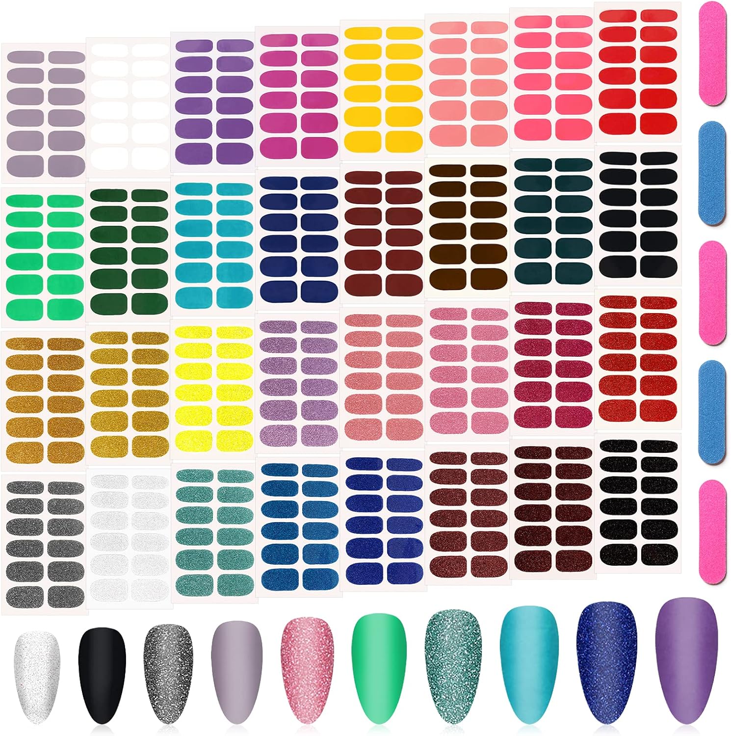 384 Stuks Volledige Wraps Nagellak Stickers, Kalolary 32 Vellen Effen Glitter Kleur Nagel Wraps Zelfklevende Nagelstickers Plak op Nagelstrips met 5 Nagelvijlen Dames Meisjes DIY Nail Art Decoratie