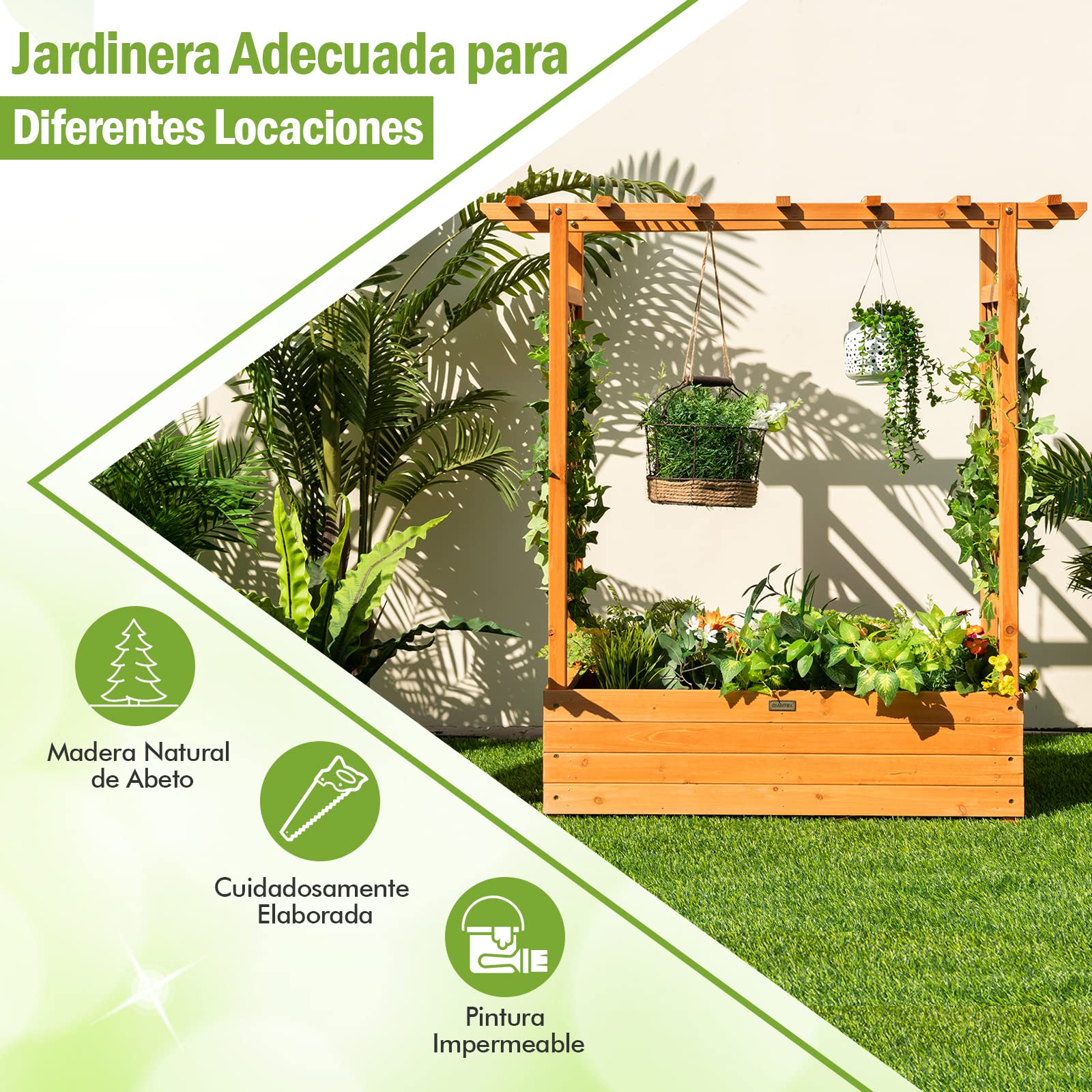 COSTWAY Jardinera Elevado con Enrejado Arqueado, Techo Colgante, Macetero, Orificios de Drenaje, Contenedor Vertical de Plantas para Plantas, Macetero de Madera Interior Exterior para Jardín Patio
