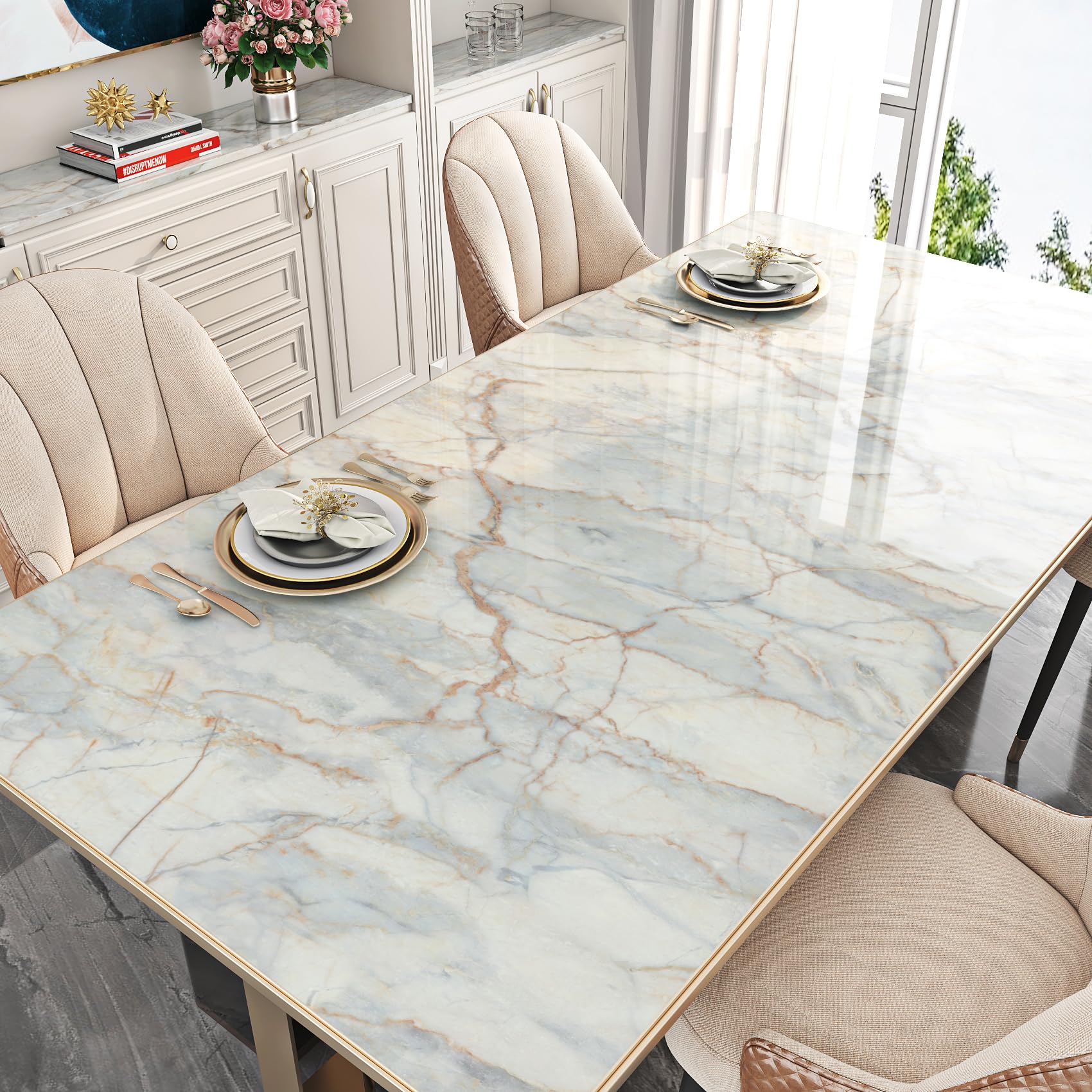 FunStick Peel and Stick Wall Paper Marble Effect Living Room Wallpaper Green Yellow Marble Wallpaper Waterproof Vinyl Wrap for Kitchen Worktop Dining Table Green Yellow Vinyl Wall Paper 30CM×5M - Image 3