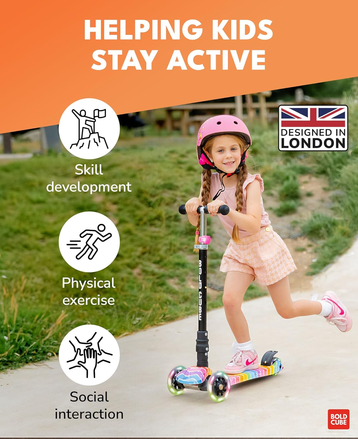 Big Fold | Three Wheel Scooter for Children Ages 5-10 Years | LED Wheels with Flashing Lights | Height Adjustable 65 to 89 cm | Rear Reflectors