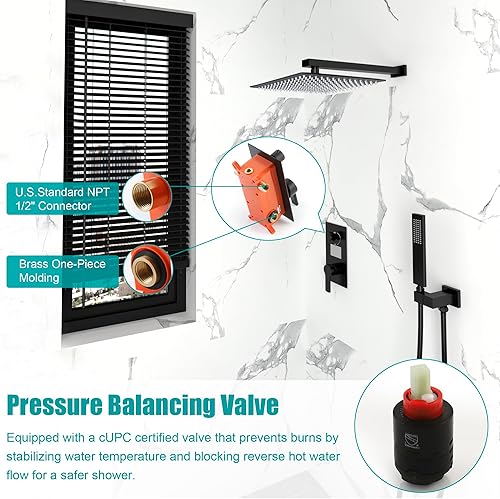 Miniatura 14 de SKOWLL Sistema de cabezal de ducha digital de 12 pulgadas, juego de mezclador de ducha de lluvia para baño, kit de grifo de ducha de montaje