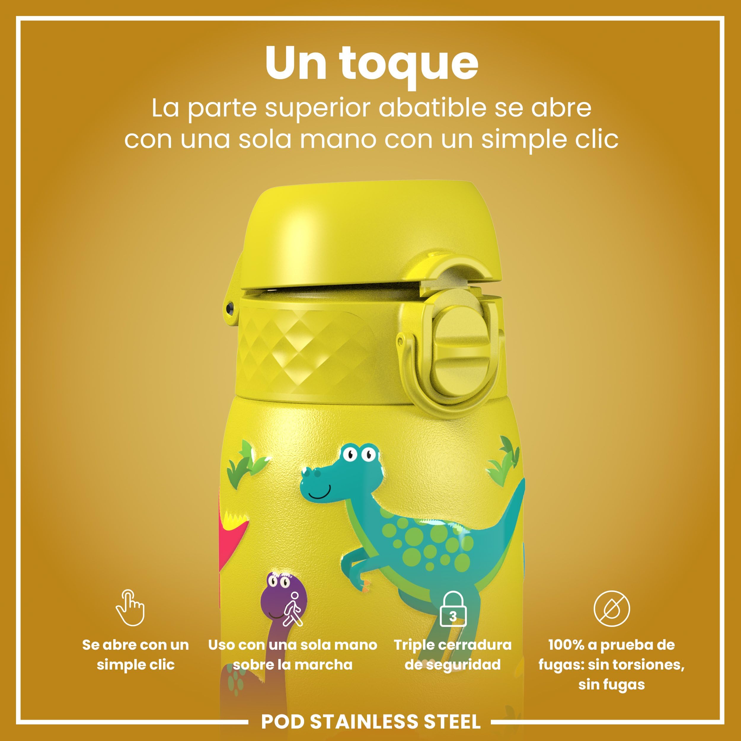 ion8 Botella Agua Inox Ligero para Niños, 400ml, Sin Aislamiento, a Prueba de Fugas, Fácil de Abrir, Cerradura Segura, Apta para Lavavajillas, Tapa Abatible, Fácil de Limpiar, Dinosaurios