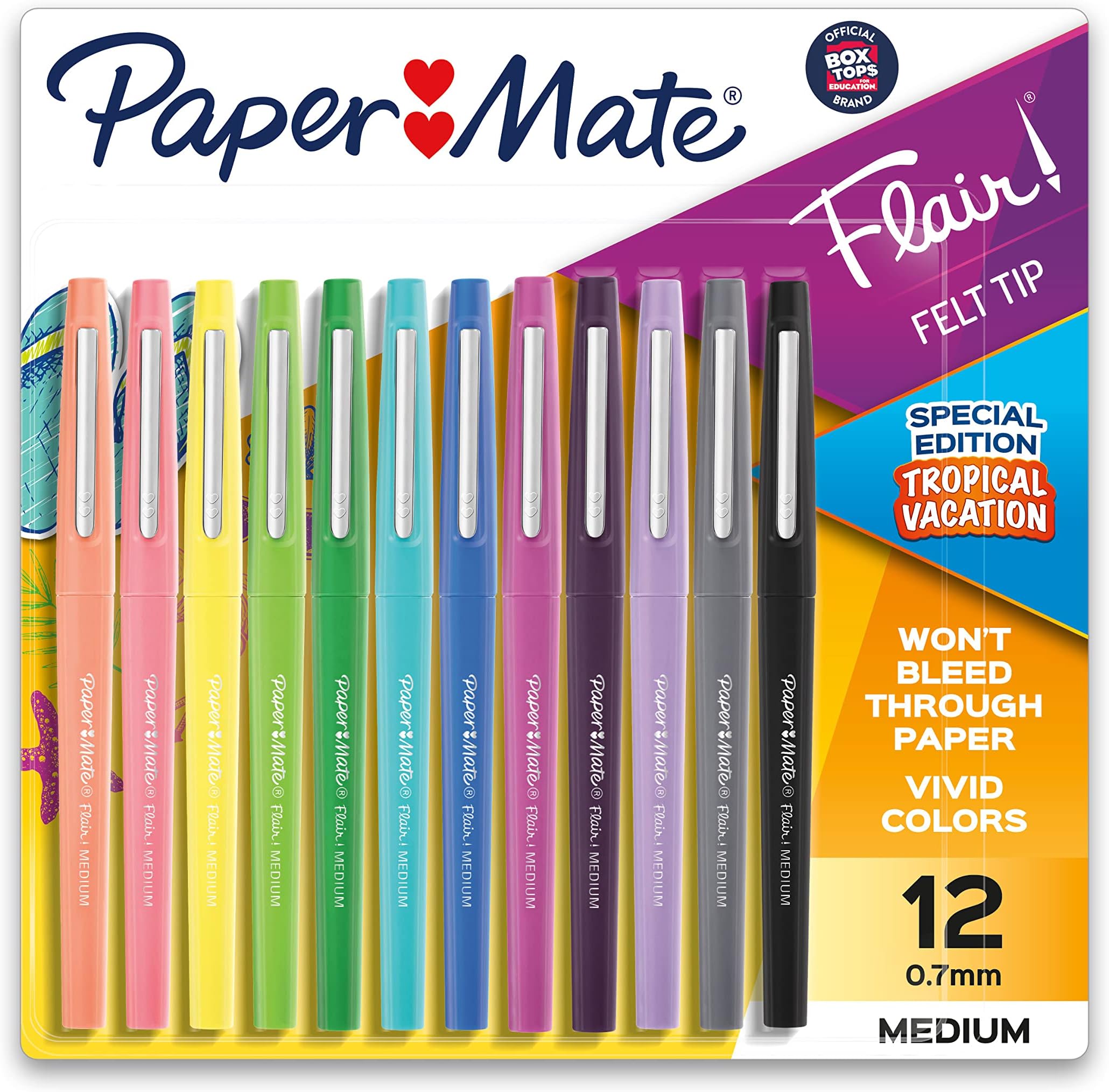 Paper Mate Flair Felt Tip Pens, Medium Point (0.7mm), Tropical & Classic Colors, 12 Count