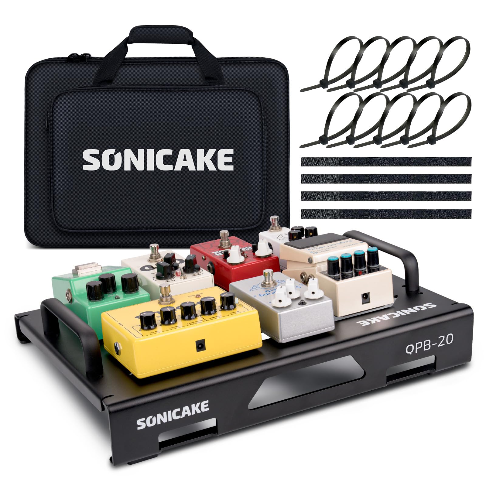 SONICAKE Pedaliera Mini per Chitarra in Alluminio Pedalboard per Effetti per Chitarra 38 x 29 x 6.5 cm con Borsa, Nastro Pedaliere e Fascette Nero QPB-21