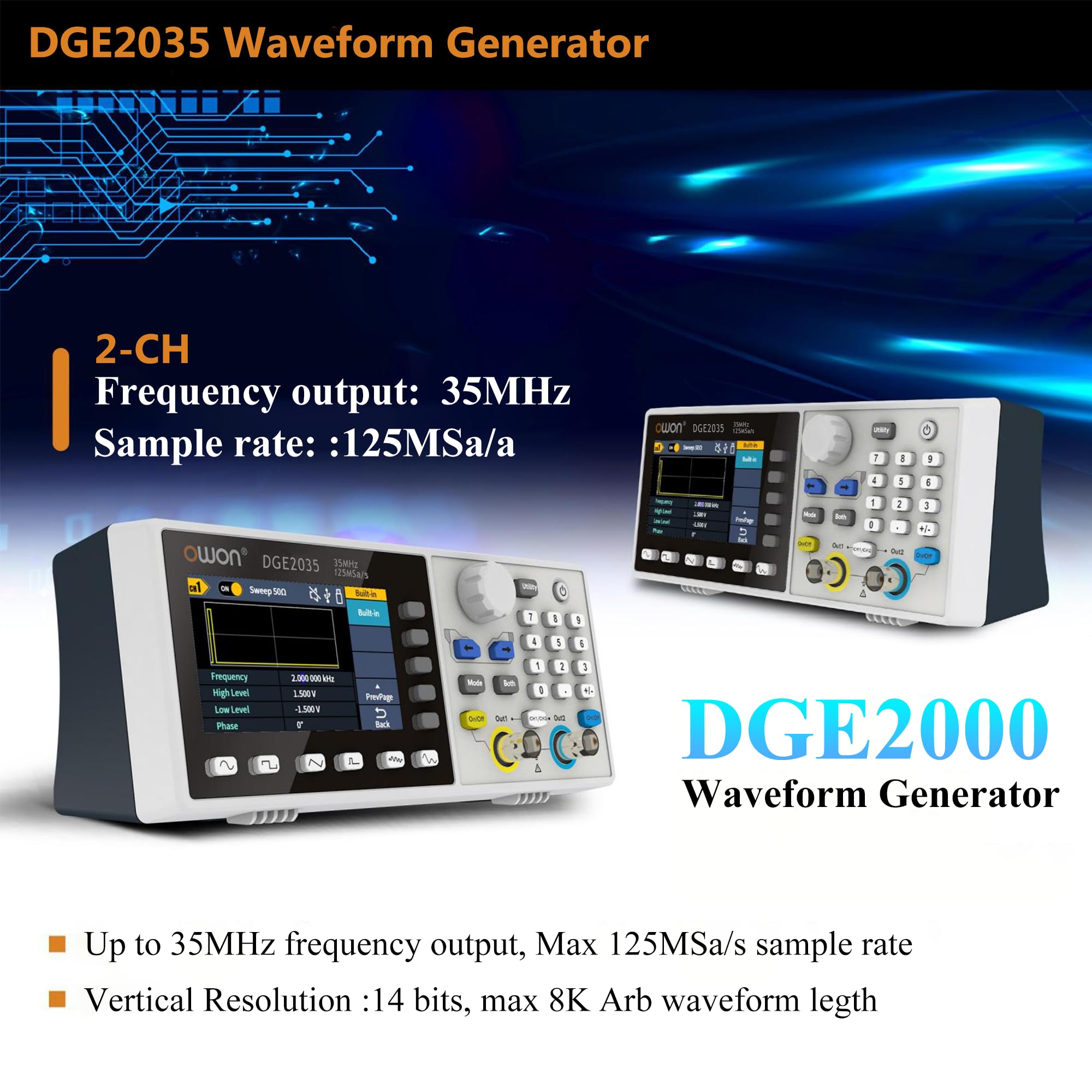 OWON DGE2035 Arbitary Function Generator Dual Channel 35MHz Frequency Output 125MSa/s Sample Rate with 3.6inch TFT LCD(35MHz/2CH)