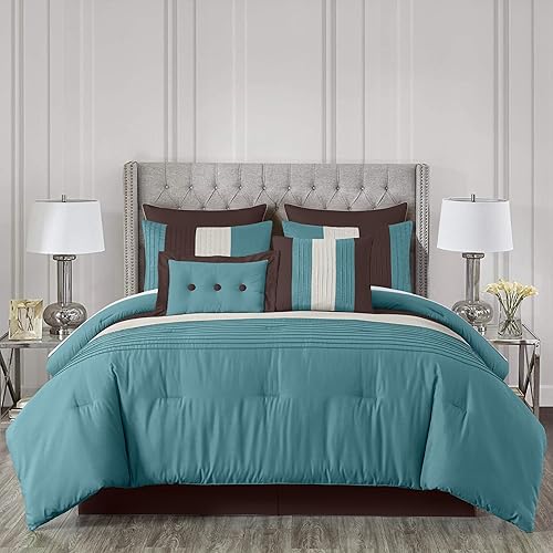 Miniatura 2 de Chezmoi Collection Loft - Juego de edredón de lujo a rayas de 8 piezas (tamaño Queen, azulbeigemarrón chocolate)