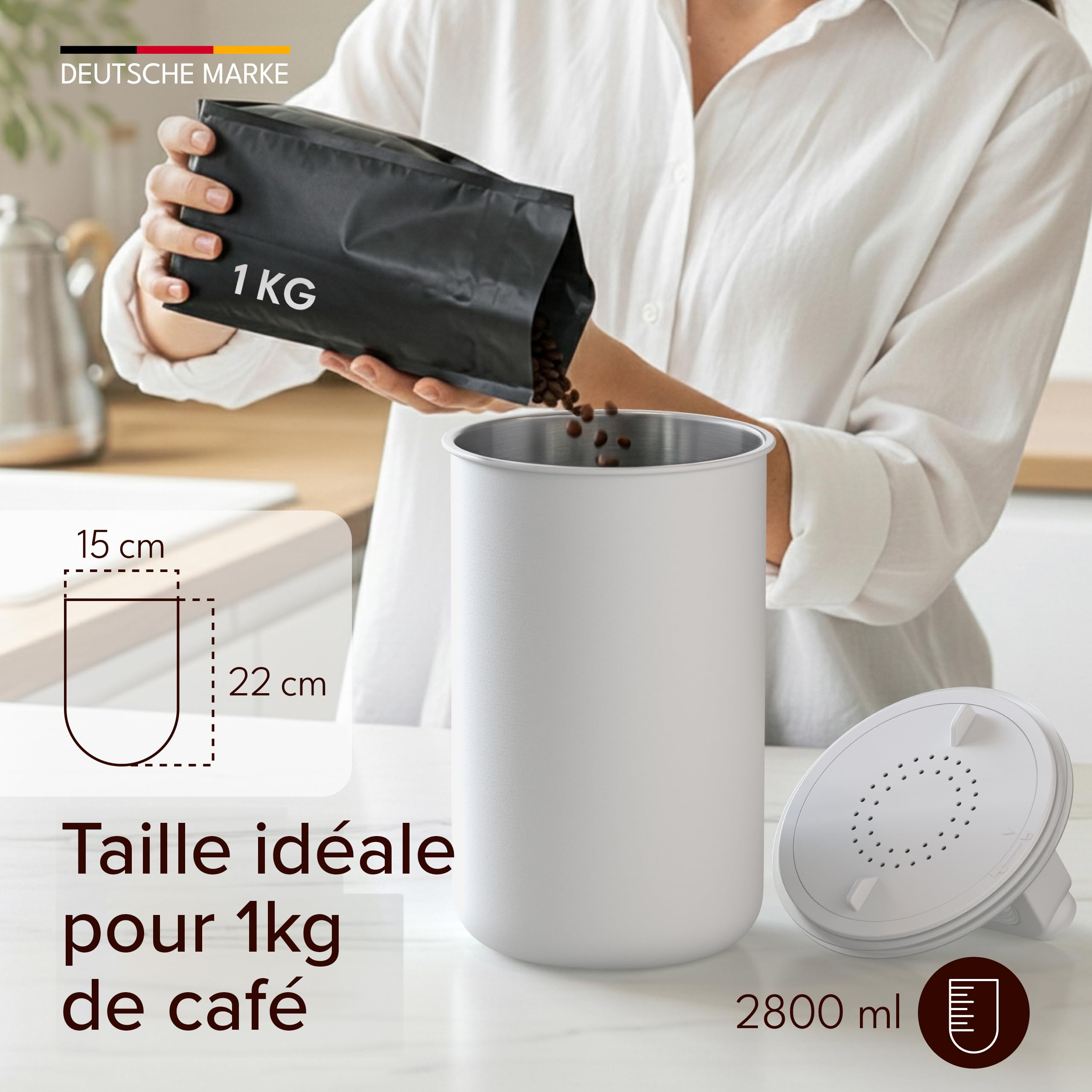 KC Kitchen & Co. Boîte à café hermétique pour 1 kg de grains de café - Boîte de conservation en acier inoxydable avec couvercle sous vide et fermeture aromatique - Boîte de rangement pour café, thé