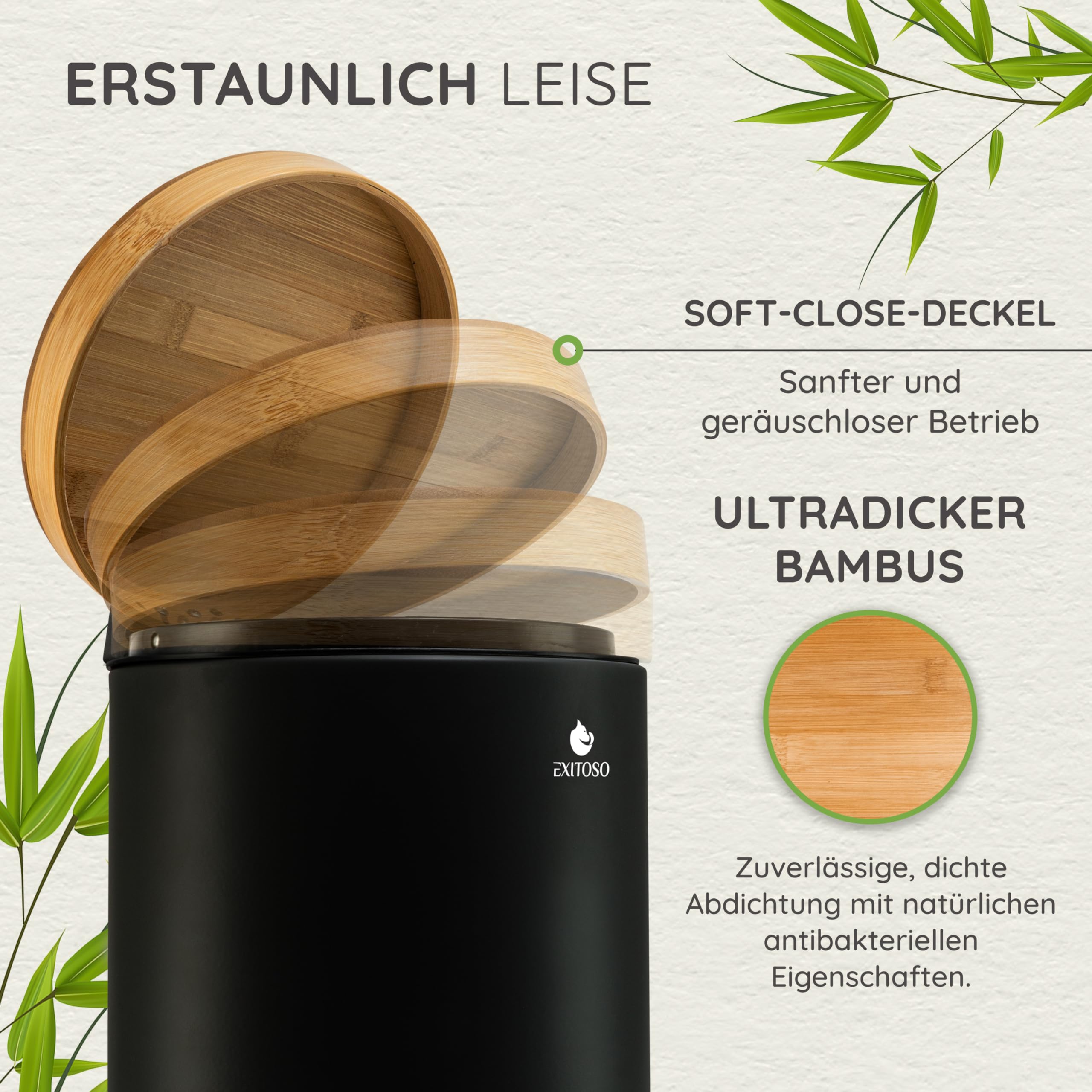 Poubelle Salle De Bain Exitoso 5L - Couvercle Bambou, Pied à Pédale, Fermeture Douce Silent Close - Design Élégant Et Pratique