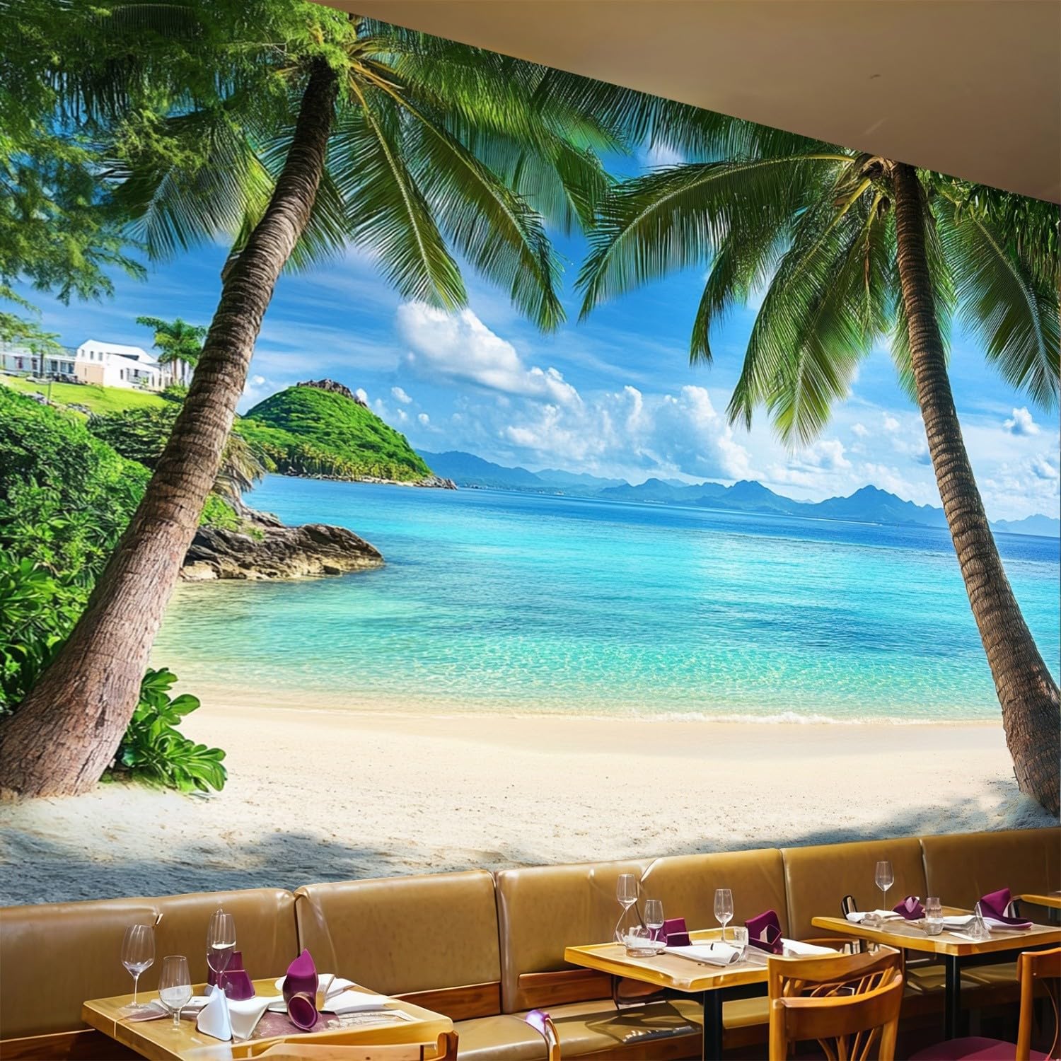 Papel Pintado Panorámico playa tropical 350 x 256 cm verde decoración pared salón dormitorio infantil mural grande estilo moderno hogar