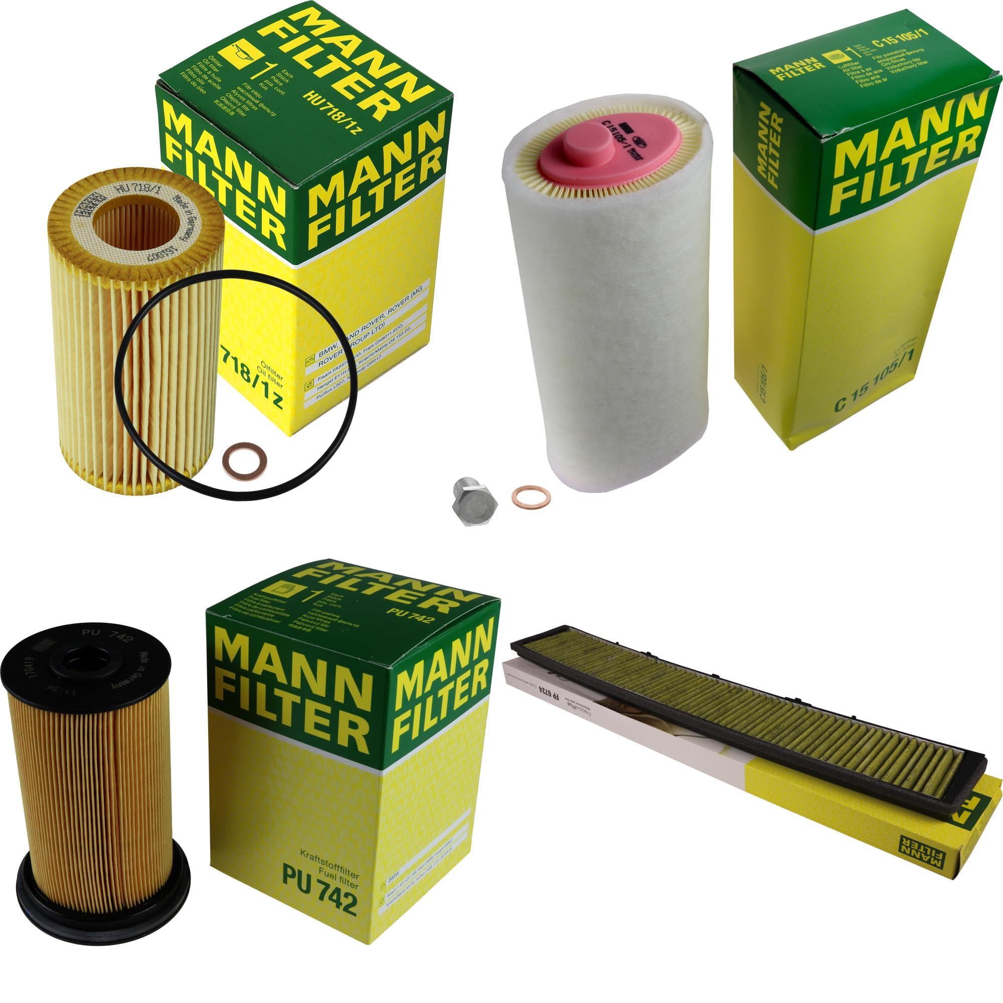 Paquete de inspección Kit de mantenimiento de filtros con filtro de aceite HU 718/1 z, filtro de aire C 15 105/1, filtro de combustible PU 742, filtro de habitáculo FP 6724, tornillo de