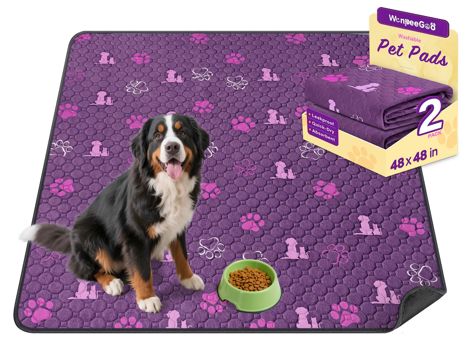 WanpeeGoo Washable Pee Pads, Puppy Pee Pad for Dogs, 2 Pack Absorbent Reusable Training Dog Pads Pet Puppy Pads, Non-Slip Potty Pads for Whelping, Playpen, Crate, Bed, Purple 48"x48"