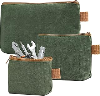 3Pack Canvas Zipper Tool Pouch, SUNJOYCO Utility Heavy Duty 16OZ Waxed Canvas Tool Bag with Zipper, Multi-purpose Water Resistant Green Zippered Pouch Storage Organizer Tote Bags, Small, Medium, Large