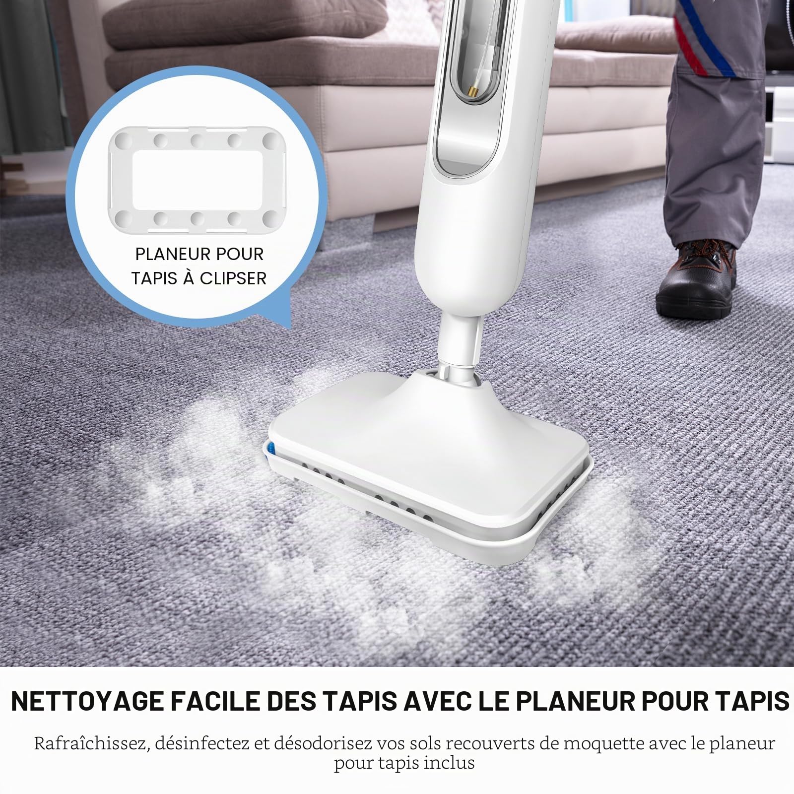 Nettoyeur vapeur manuel 1500 W à 2 vitesses avec 2 chiffons de nettoyage pour tous les sols, bancs, salle de bain et tapis, avec réservoir d'eau de 400 ml et câble de 4,8 m