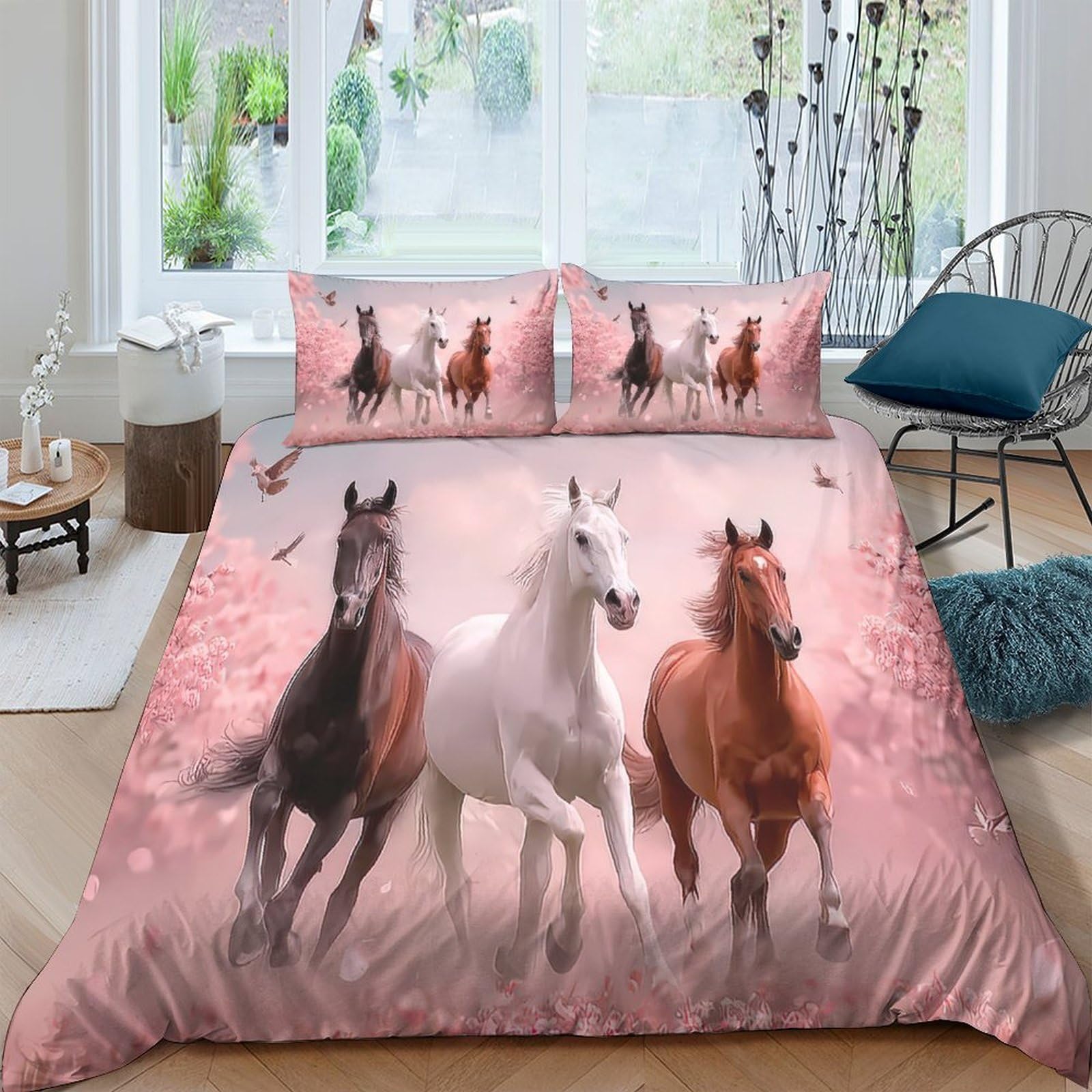 TUFRTGYHN 3D Printed Running Horse Duvet Cover Microfiber Soft Breathable Wild Stallion Bedding Set with 2 Pillowcases for Bedroom Decor Single（135x200cm）