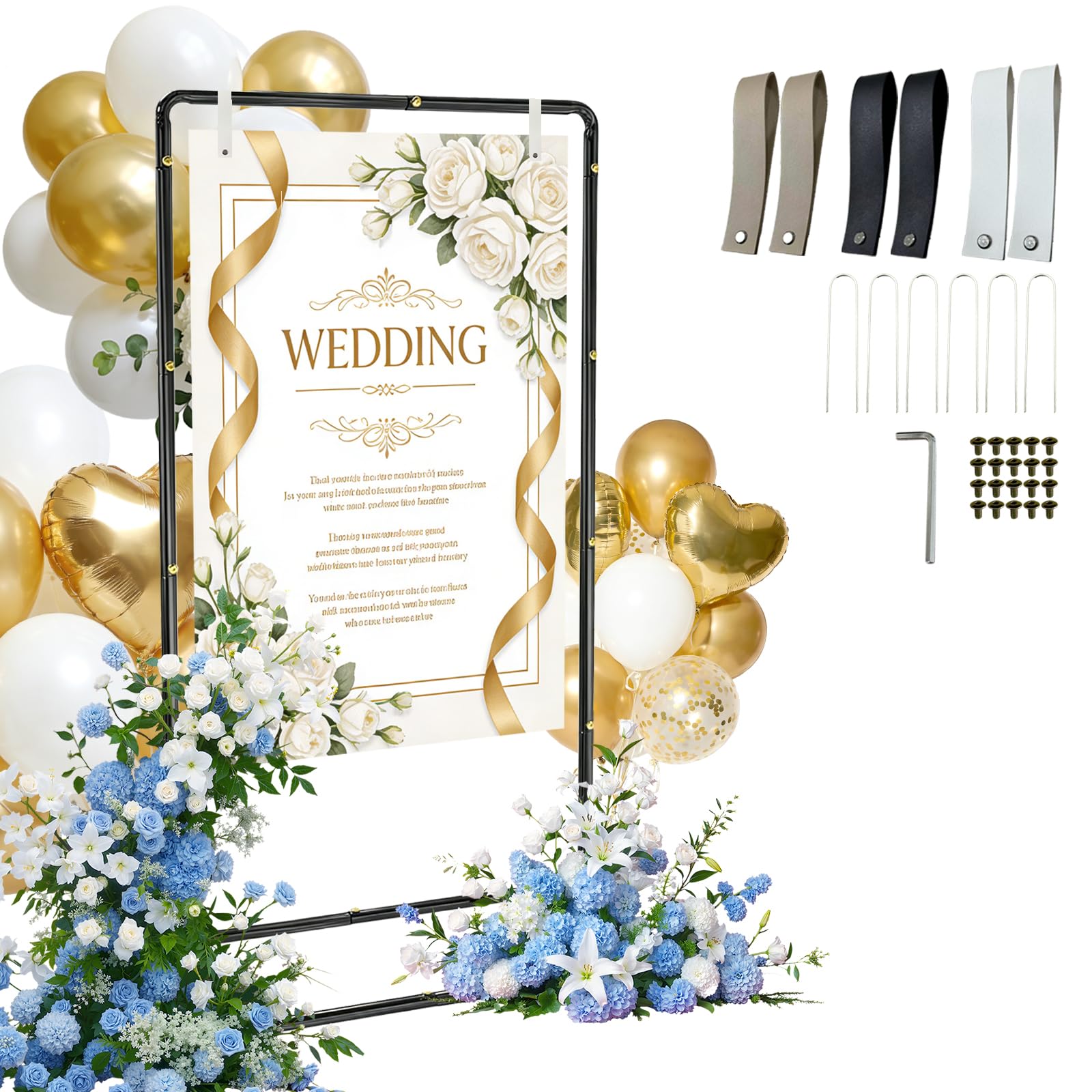 Photo 1 of Yorshvil Wedding Welcome Sign Stand, Adjustable Linen Welcome to Our Wedding Sign Holder, Elegant Welcome Sign Easel with Hanging Straps for Seating Chart, Banner, Ceremony Decor (Black, 54"-69")