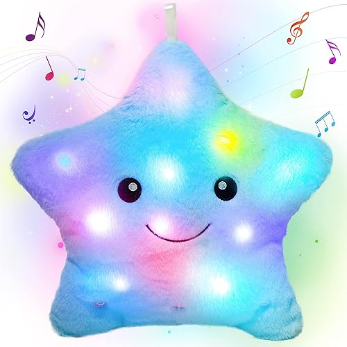 Vista 9 de Cuteoy Almohada musical de felpa de estrella morada de 13 pulgadas, luz nocturna brillante, juguetes LED de volumen ajustable, para cumpleaños