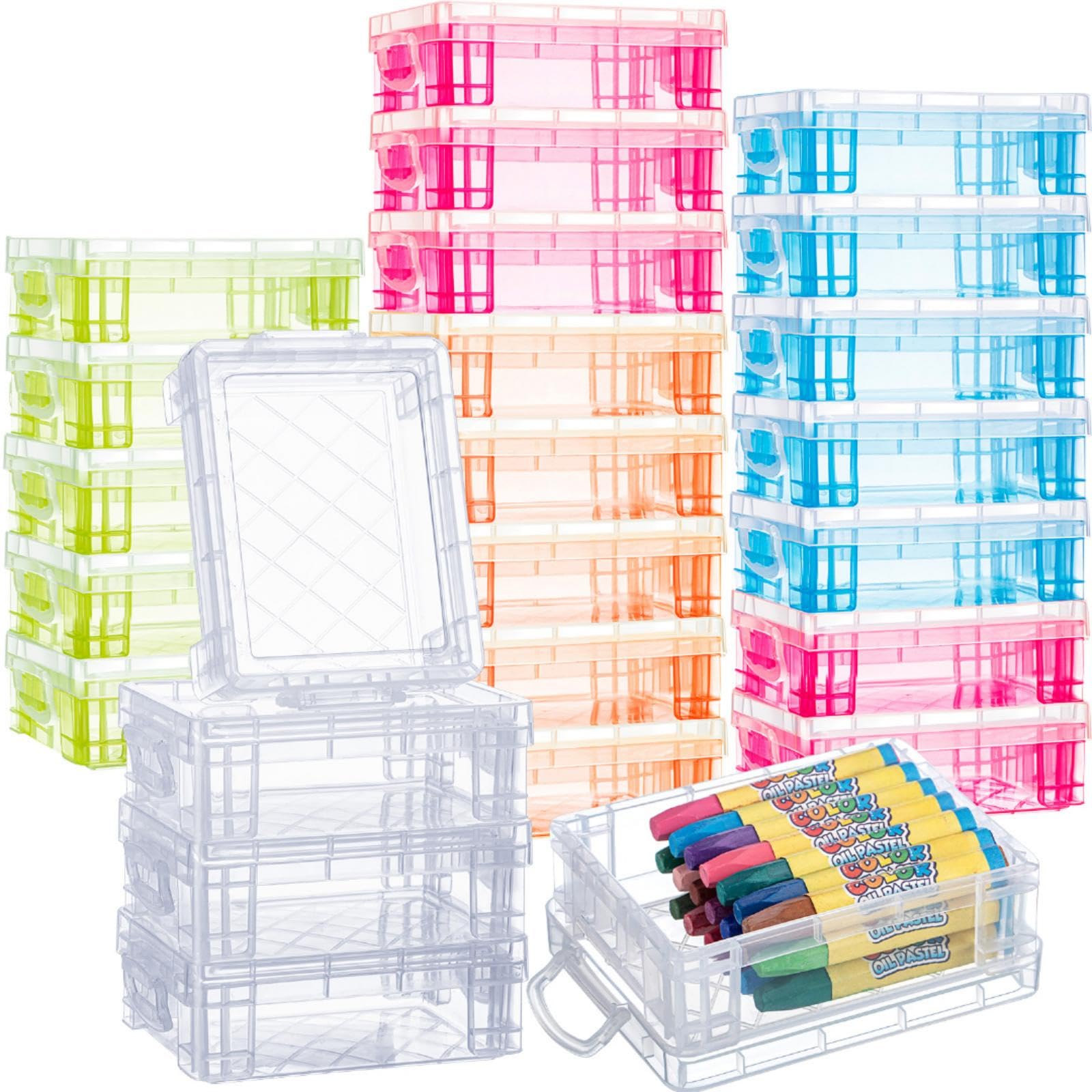 Suzile 25 Pcs Plastic Crayon Boxes Bulk,Clear, Red, Blue, Green,Orange