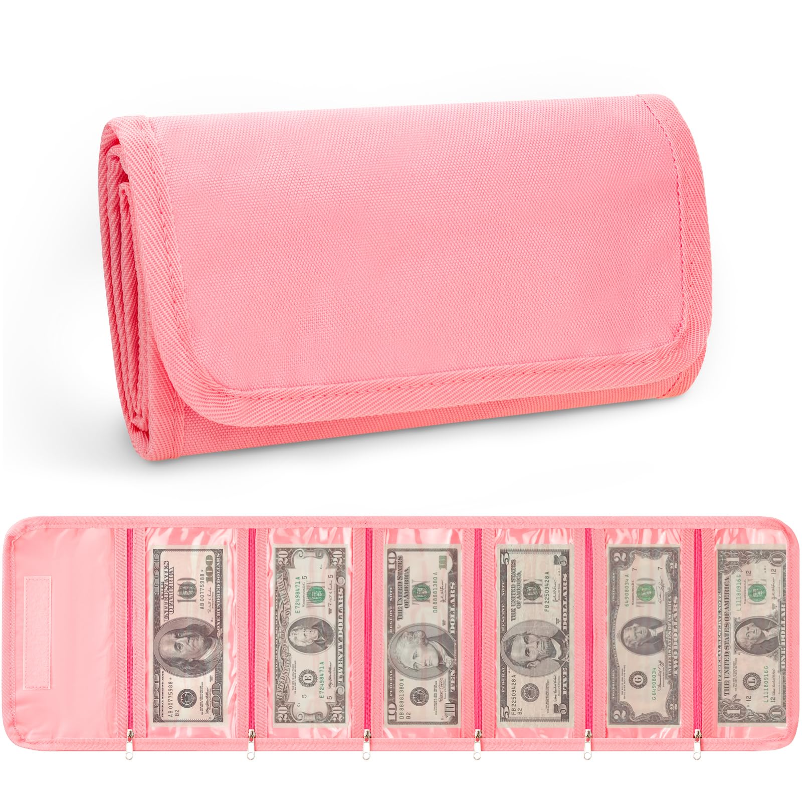 Money Organizer, Money Organizer for Cash with 6 Zippered Pocket Pink Money Storage for Travel Currencies Receipts Bills, Envelope Budgeting for Kids
