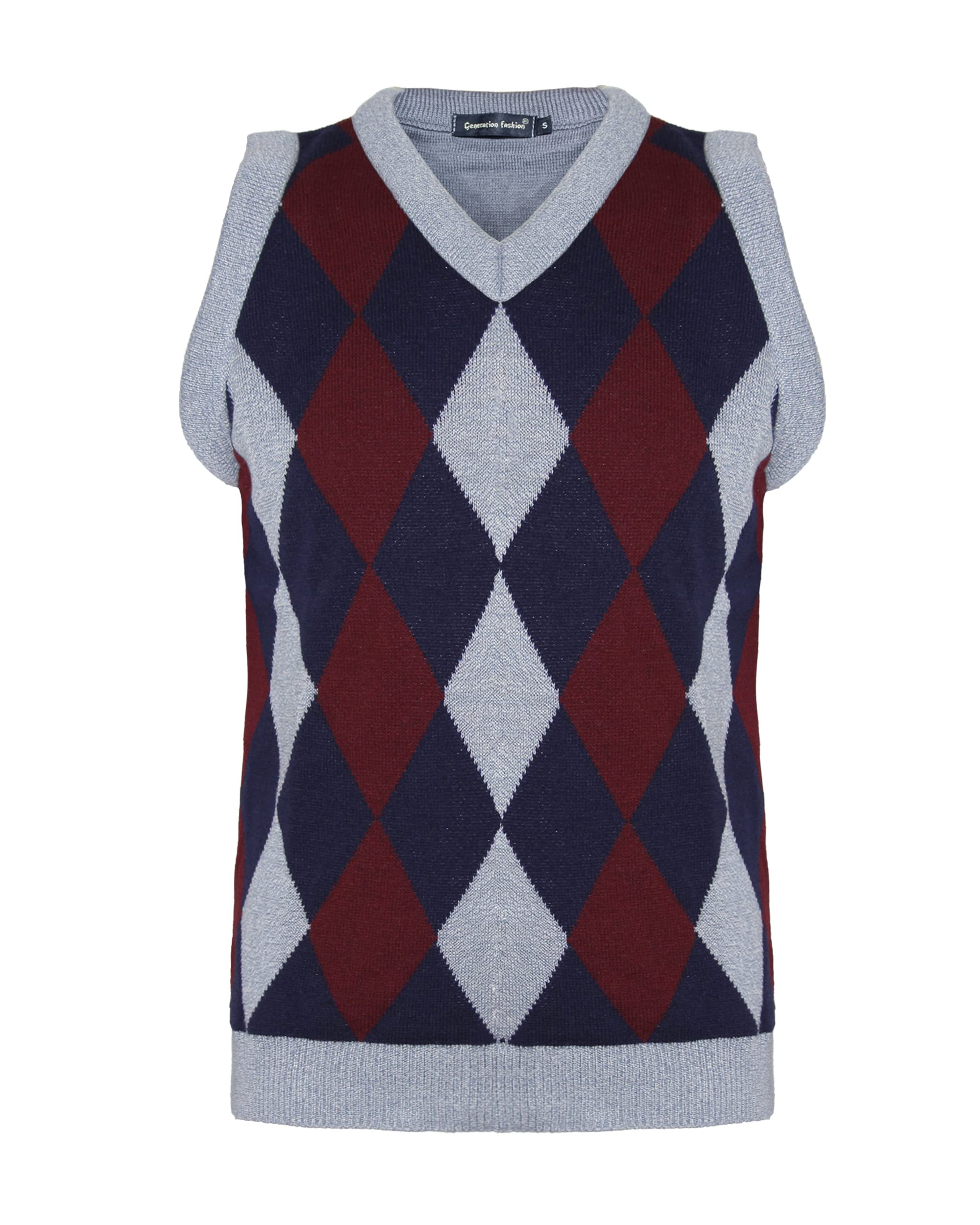 New Men Sleeveless Knitted V-Neck Argyle Pattern Jumper Top Sweater Vest with Ribbed Edge [Sky-Wine,M]