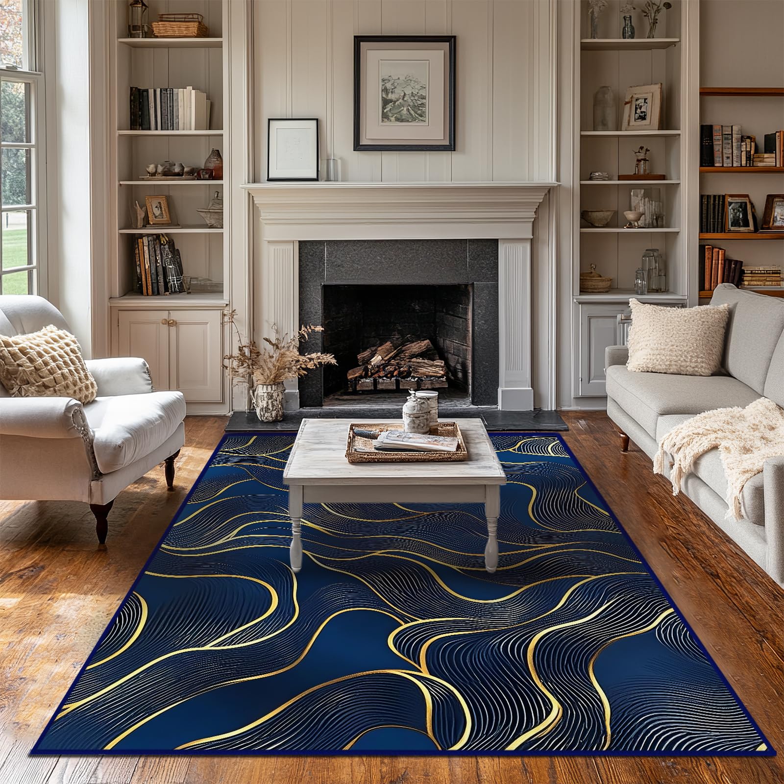 5x7 Area Rug Blue Gold Modern Rug for Living Room Indoor Machine Washable Abstract Rugs for Bedroom Ultra Soft Dining Room Large Carpet Non-Slip Non-Shedding Throw Rug for Home Office Kids Playroom