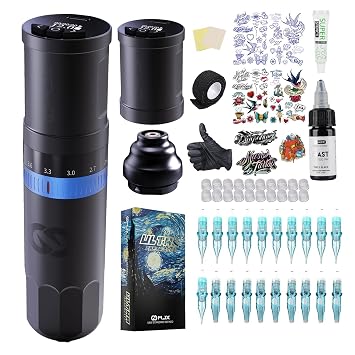 WJX W3 Wireless Tattoo Gun Kit, 2.44.2mm Adjustable Stroke | Dual 1500mAh Batteries, Type-C Fast Charge, Assorted Cartridge Needles, Practice Skin and Ink for Beginners