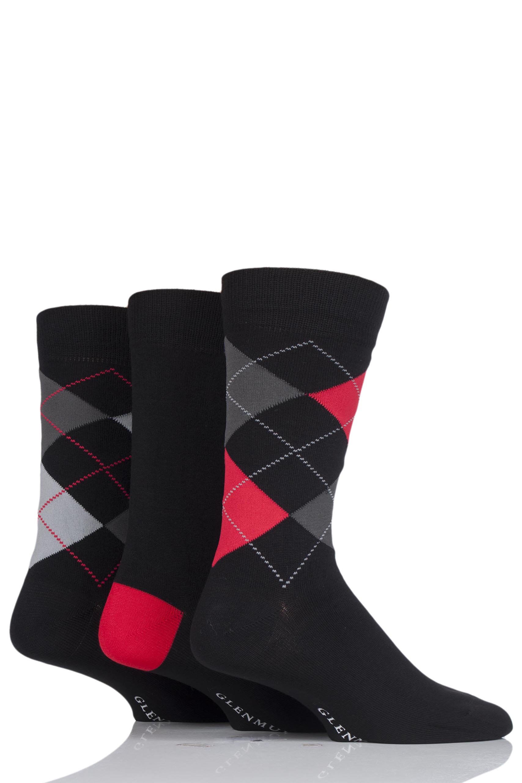 Glenmuir Mens 3 Pair Classic Bamboo Argyle Socks Black 7-11