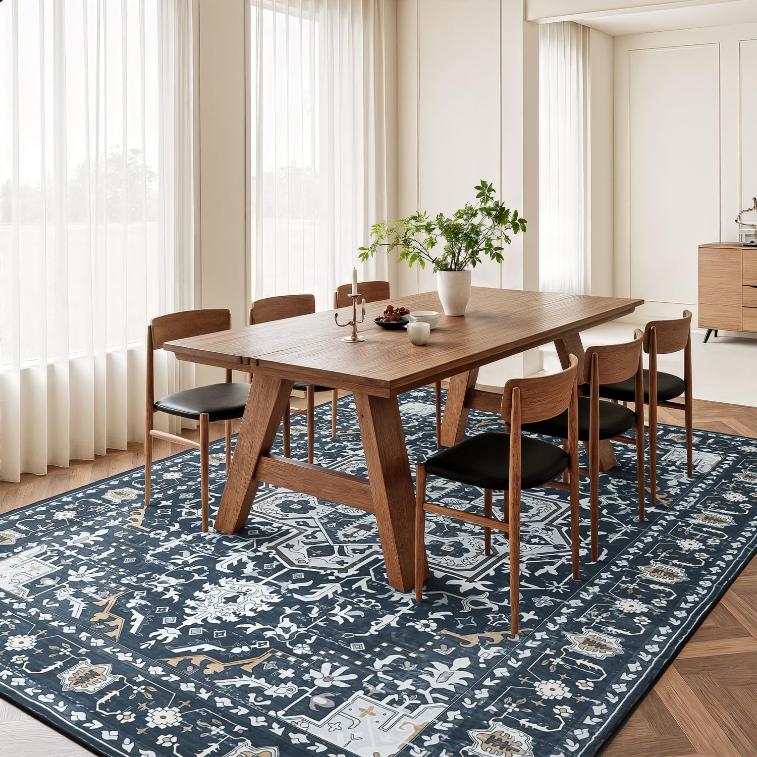 Rugflix 8x10 Area Rugs for Living Room, Washable Rug, Soft Low Pile Carpet, Non-Slip, Stain Resistant, Vintage Area Rug, Navy Blue Rug for Bedroom, Dining Room, Home Office