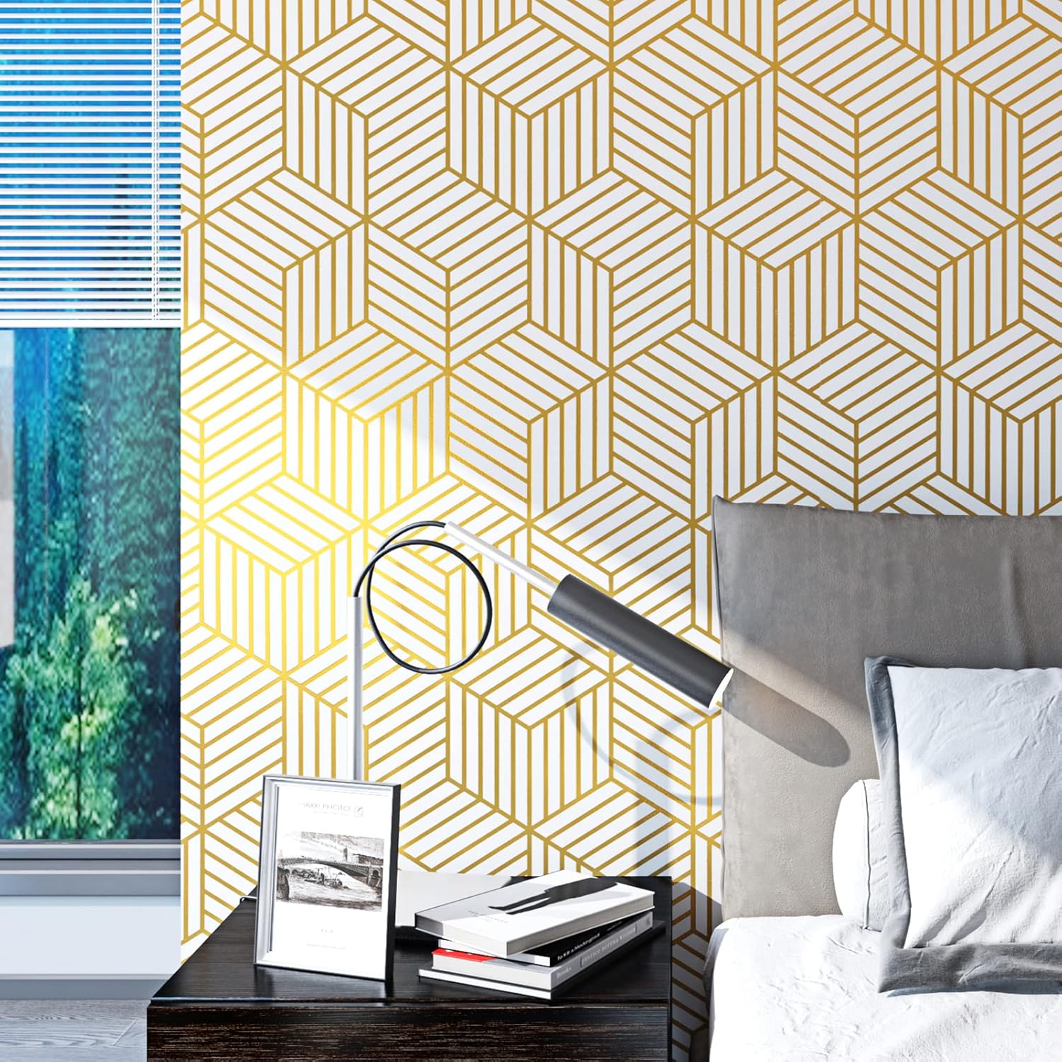 ReWallpaper Gold Peel and Stick Wallpaper Modern Geometric Wallpaper White and Gold Striped Hexagon Contact Paper for Cabinets Bedroom Kitchen Furniture Desk Removable Vinyl Rolls for Craft 17.7"x79"