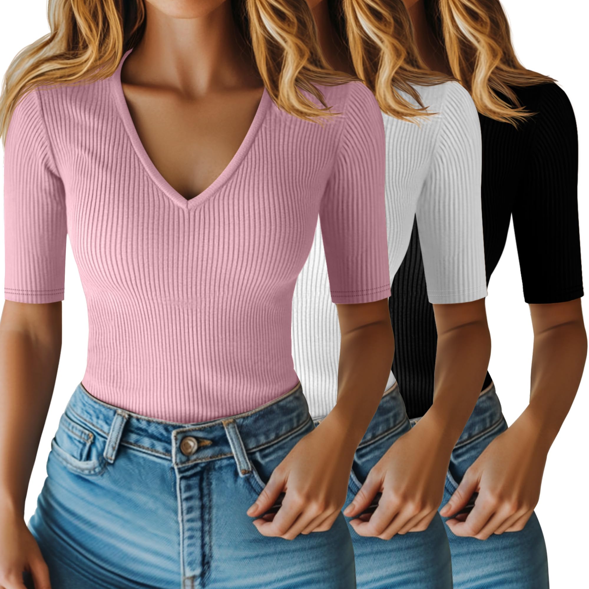 Riyiper 3 Pack Women's Half Sleeve Top Elbow Length Ribbed Cotton T Shirt Women V Neck Summer Tee Slim Fit Casual Blouses