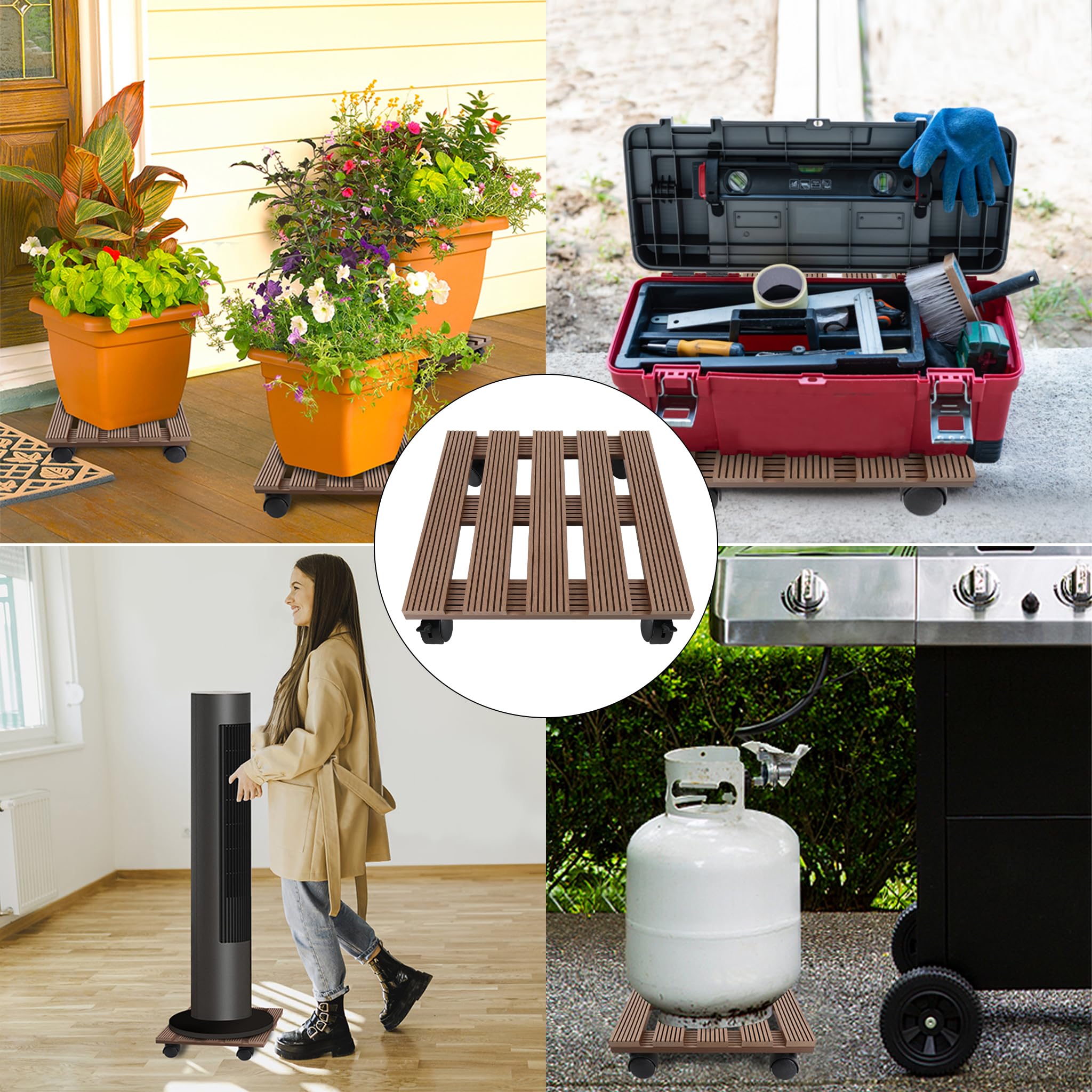UISEBRT WPC - Carrito para plantas, 30 x 30 cm, capacidad de carga de 100 kg, con ruedas, con bloqueo, para exteriores e interiores (marrón, rectangular)