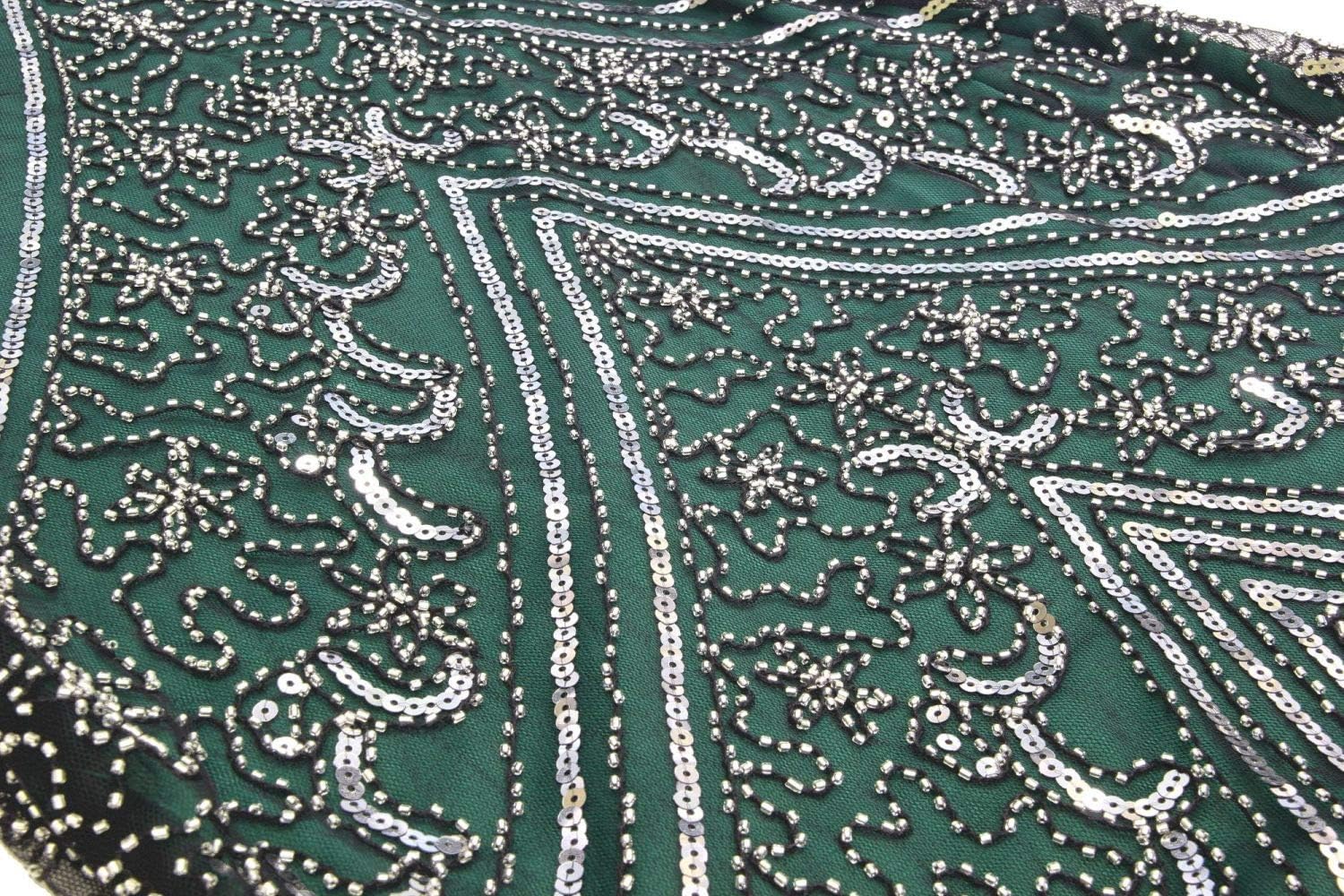 1920s Sequin Mermaid Formal Long Flapper Gown Party Evening Dress with 20s Accessories Set (S, Style Flower 1 Silver Green)