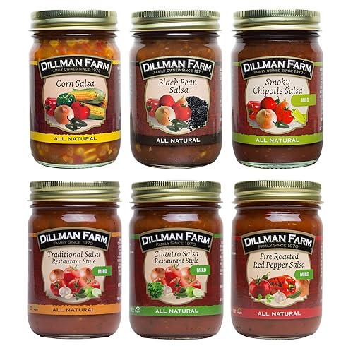 Dillman Farm Paquete variado de salsa (6 unidades)  Salsa de maíz, salsa de frijoles negros, salsa chipotle ahumada, salsa tradicional, salsa