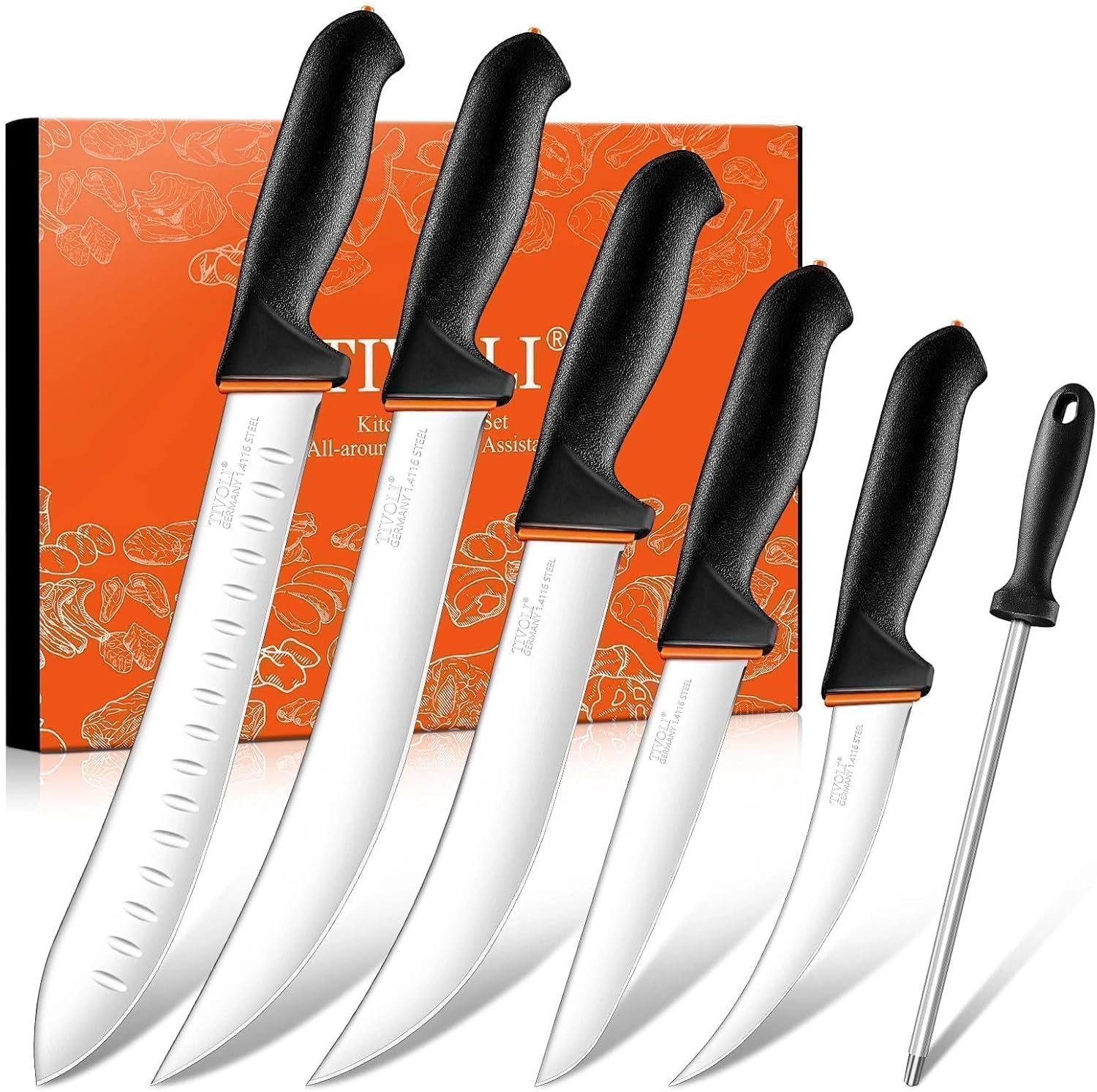 TIVOLI 6 PCS Butcher Knife Set - Game Processing Knife Set with 7" Sharpener Rod - Non-Slip Softgrip & German Stainless Steel - Skinning Boning Trimming Poultry Knives for Meat Cutting