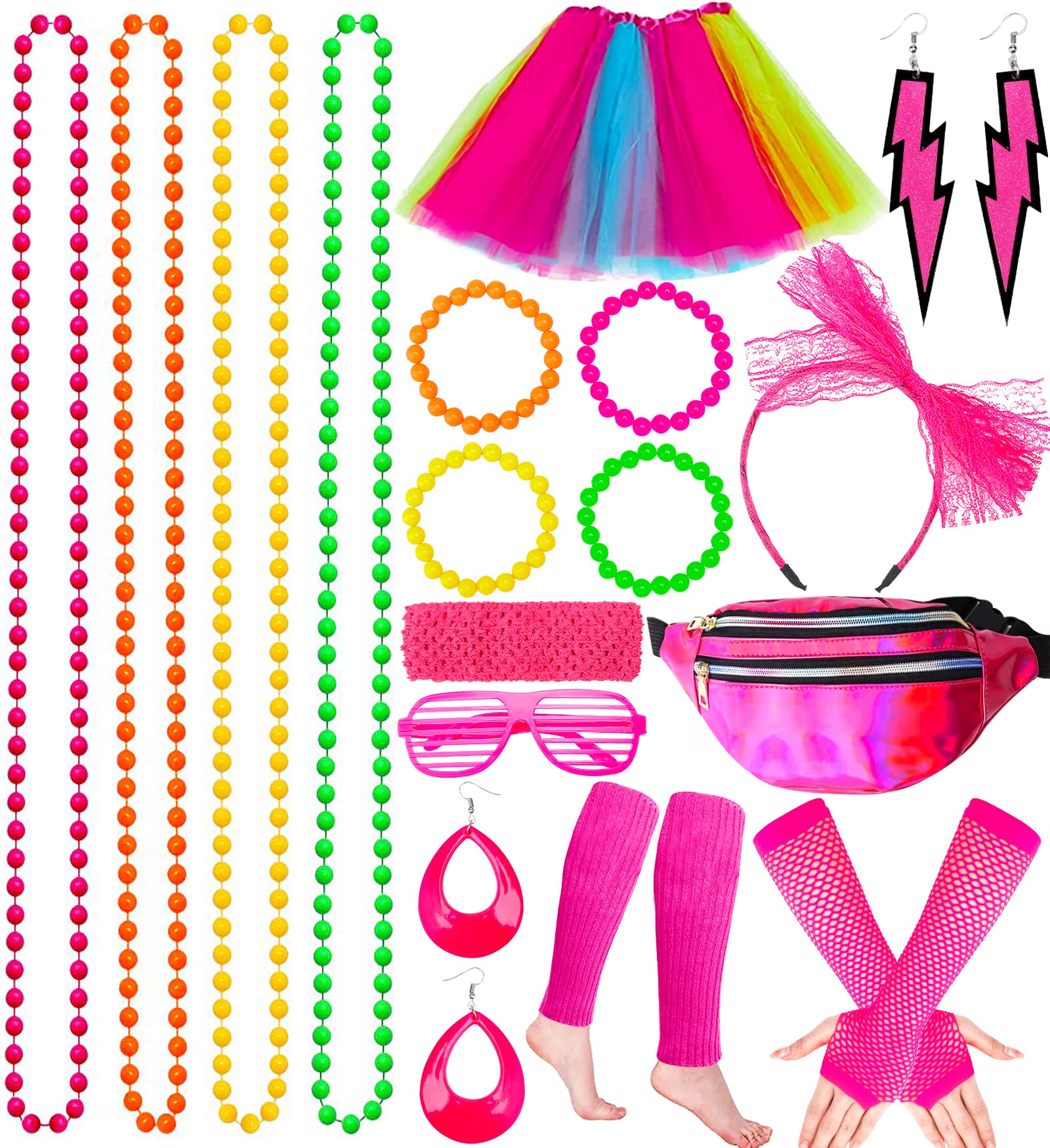 21pcs 80s Accesorios de Traje 80 años Disfraz Mujer neón Accesorios, Encaje de Neón Pendientes ​Fishnet Guantes Collar Pulsera Juego de disfraces mujeres Fiesta de Cosplay Retro Fiesta