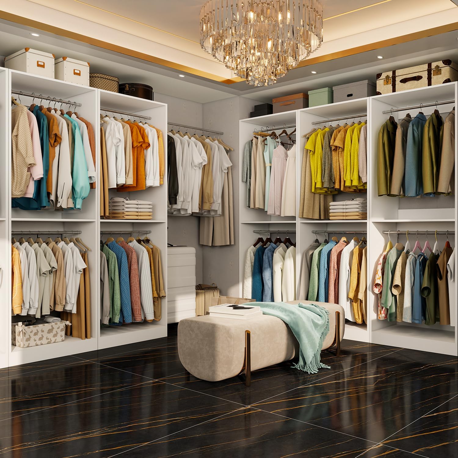 Closet System with 12 Hanging Rods& Shelf , 8FT Small Closet Organizer System Wood with Extra Side Hanging Rod for Walk in Closet Storage, Modular Closet Systems, White(8FT)