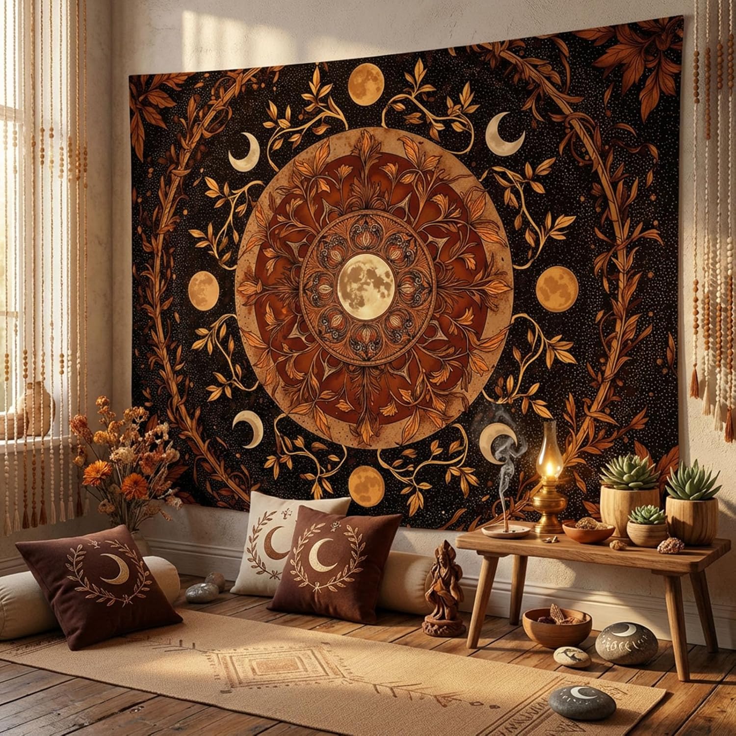 Spenlife Moon Phase Tapestry, Autumnal Mandala Tapestries for Bedroom, Boho Wall Decor, Botanical Tapestries (90" x 70")