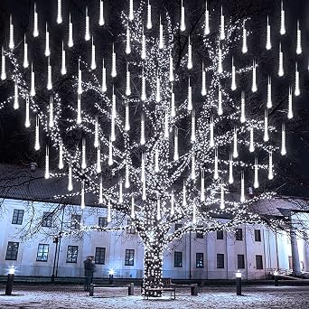Meteor Shower Lights LED Christmas Falling Rain Lights 30cm 10 Tubes 240 LEDs Falling Raindrop Cascading Light Outdoor Waterproof Icicle Snowfall String Lights Home Decoration White