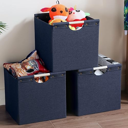 Miniatura 4 de HOONEX Contenedores de almacenamiento plegables, cubos de almacenamiento de tela de lino de 12 x 12 x 12 pulgadas, paquete de 3, cestas de