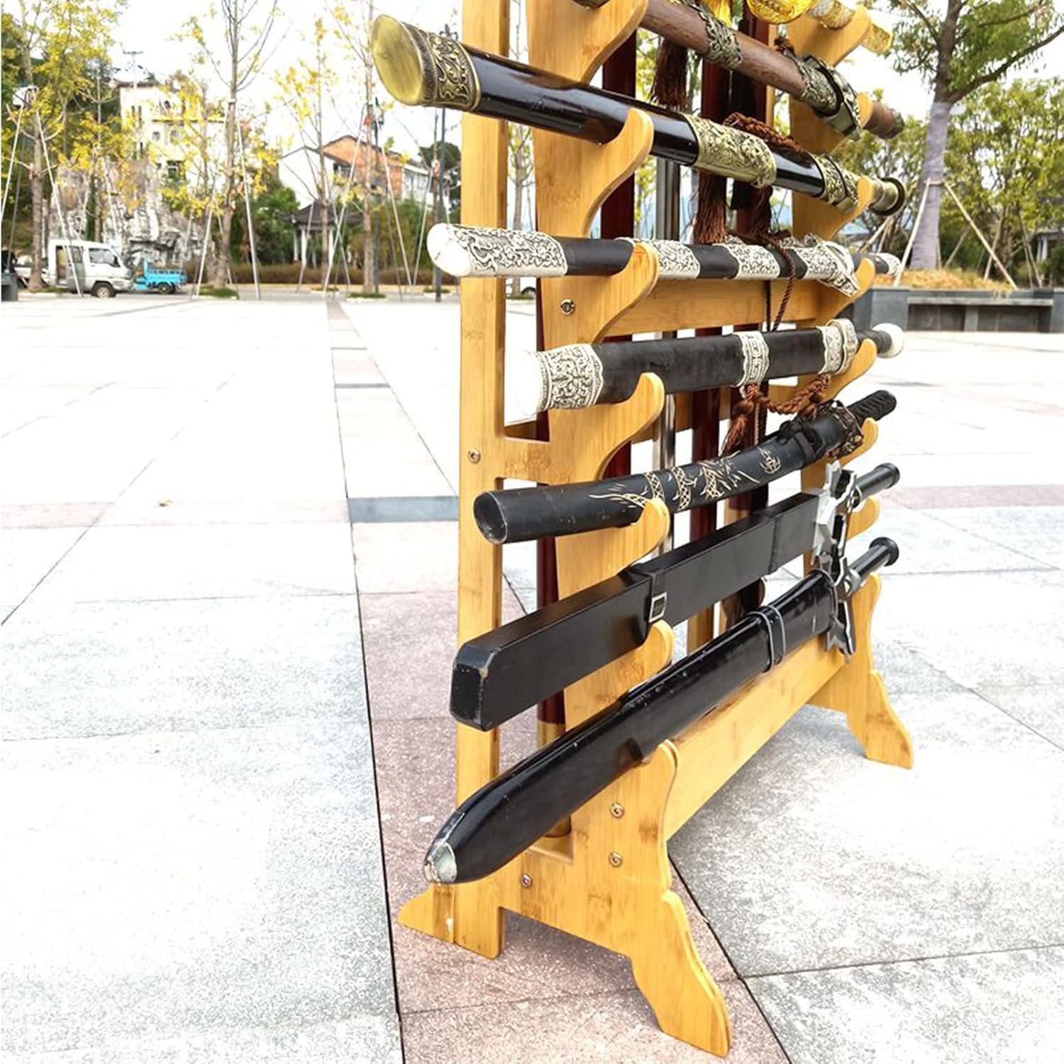 Multilayer Floor Standing Sword Stand Katana Holder, 10/12-Floors Weapon Display Weapon Racks, Vertical Solid Wood Martial Arts Sword Stand Hanger For Storing Various Swords And Long Weapons (5 Hole