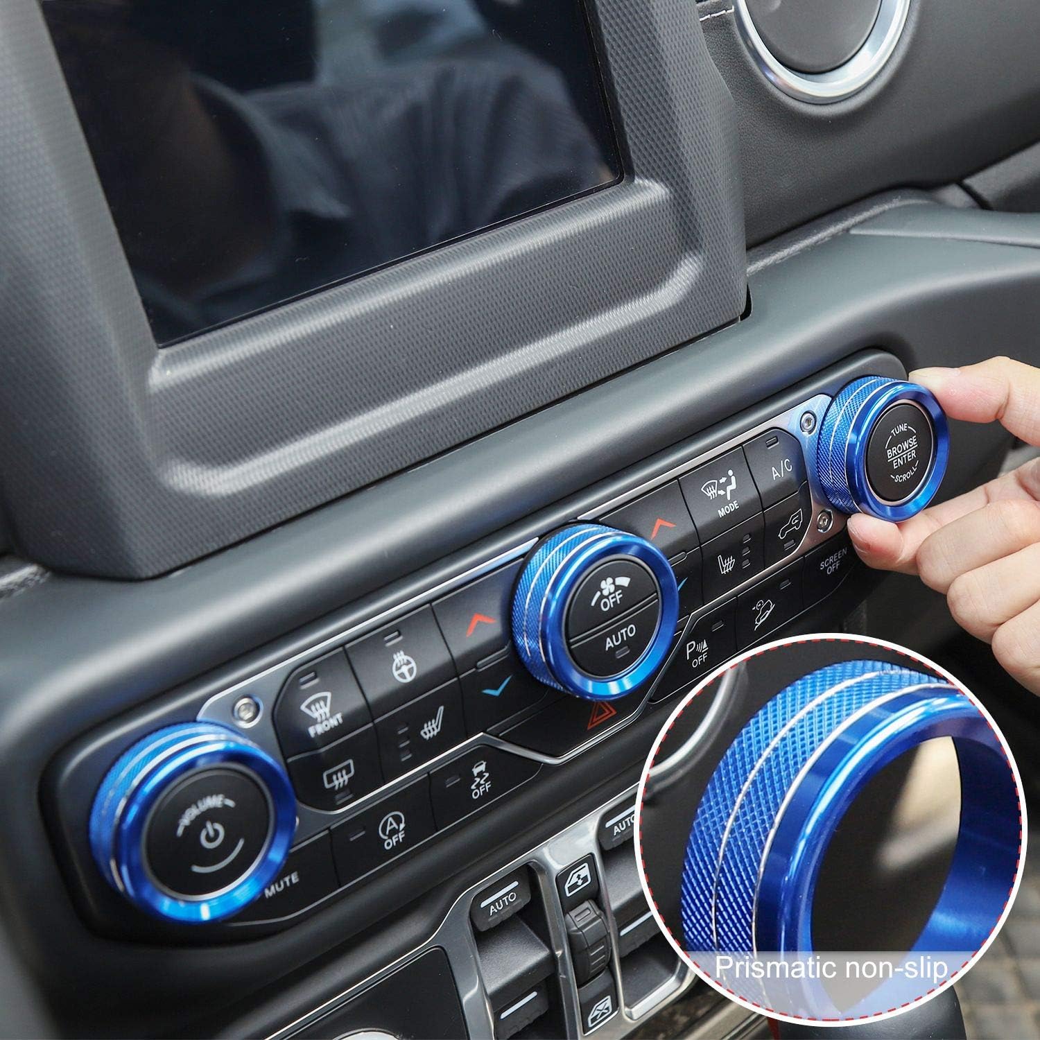 JeCar Air Conditioner Radio Switch Knob Cover Headlight Knob Cover Aluminum Alloy AC Button Trims Compatible with Jeep Wrangler 2018-2023 JL JLU & 2020-2023 Gladiator JT with Specific Dial Panel, Blue