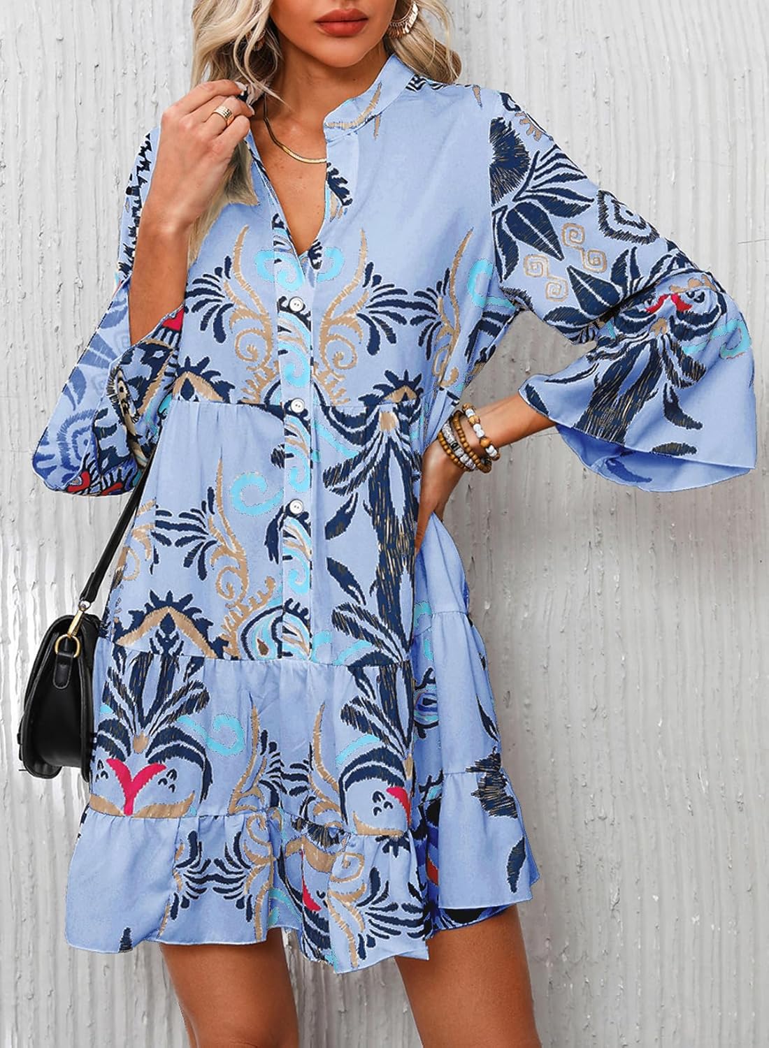 Summer Dresses for Women 2026 Flowy Ruffle 3/4 Sleeve V Neck Tiered Casual Babydoll Boho Beach Mini Dress - Image 2