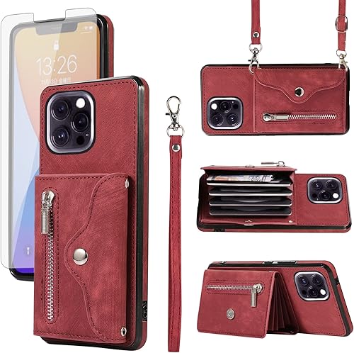 Asuwish Funda de teléfono para iPhone 12 Pro Max 6.7 Funda tipo cartera con correa cruzada para muñeca, cordón, soporte para tarjetas de crédito,