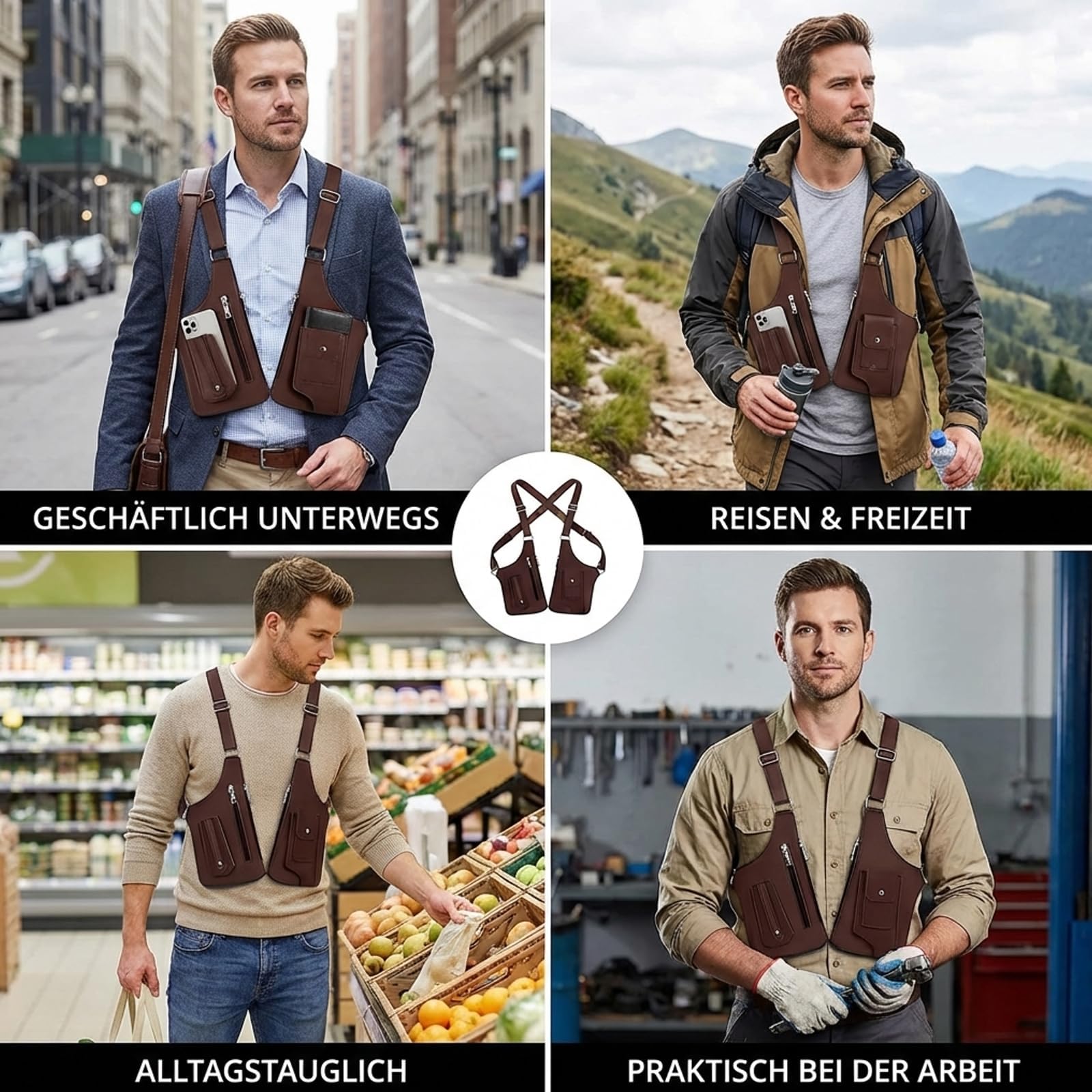 Holster Tasche Herren, Brusttasche Herren Für Vielseitige Nutzung, Doppel-Schultertache Aus PU-Leder, Robuste Herren-Schultertaschen Im Klassischen Braun, Brusttasche Für Reise, Business & Outdoor